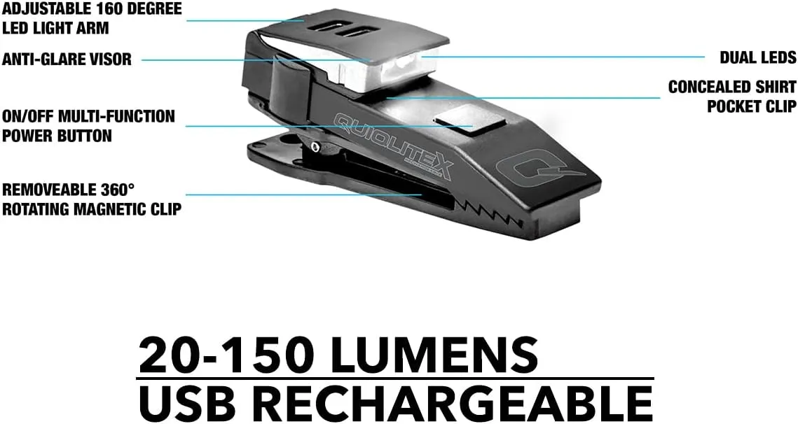 QUIQLITEX Dual White Hands-Free LED Pocket Light: 20-150 Lumens, Aluminum & Nylon Plastic Housing (USB Rechargeable)