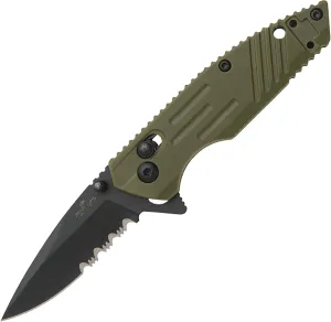 Rancor IX 3-5/8" Partially Serrated Blade Slide Lock Flipper Knife - OD Green