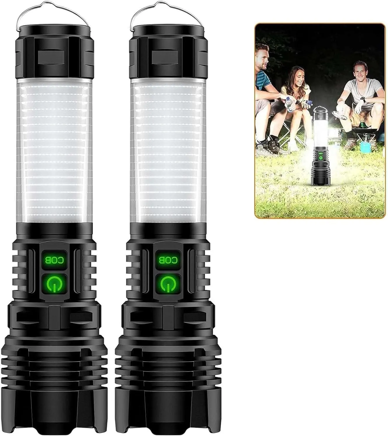 Rechargeable Camping Lanterns Flashlight High Lumens- 2000 Meters Long Beam Super Bright LED Flashlight, Waterproof Camping Tent Lights 5 Modes, Zoomable Camp Flashlight Lantern 2pcs