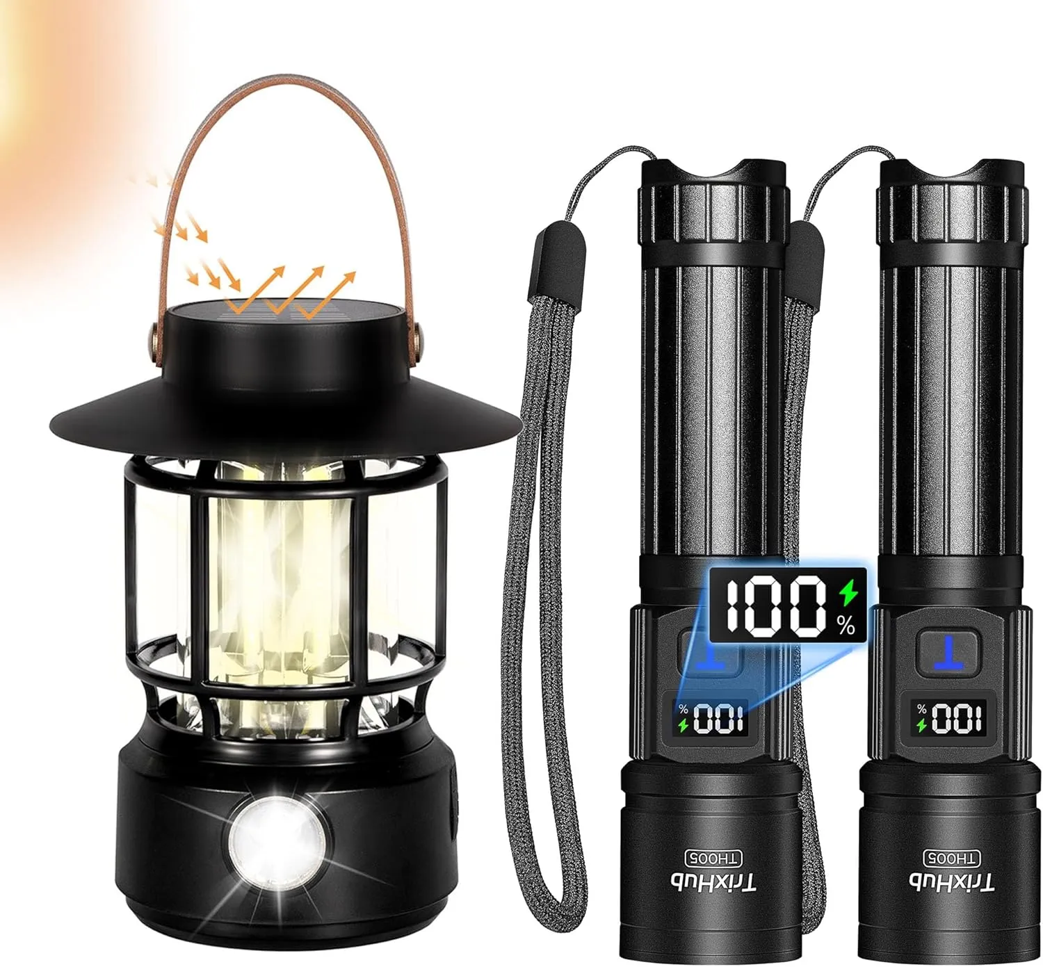 Rechargeable Flashlights 2 Pack, Super Bright Flashlight with LCD Digital Display and LED Solar Camping Lantern, Side Rechargeable Lantern Camping Lights, COB&SMD Light Modes Retro STYL