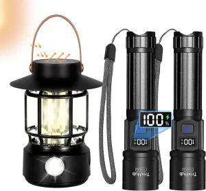 Rechargeable Flashlights 2 Pack, Super Bright Flashlight with LCD Digital Display and LED Solar Camping Lantern, Side Rechargeable Lantern Camping Lights, COB&SMD Light Modes Retro STYL
