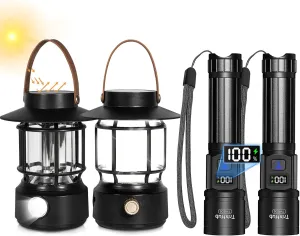 Rechargeable Flashlights High Lumens, Super Bright Flash Light, 5 Modes Zoomable Linternas with LCD Digital Display and Led Camping Lantern 2 Pack, Solar Lantern Rechargeable Light