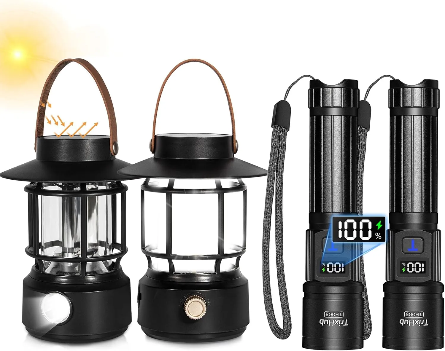 Rechargeable Flashlights High Lumens, Super Bright Flash Light, 5 Modes Zoomable Linternas with LCD Digital Display and Led Camping Lantern 2 Pack, Solar Lantern Rechargeable Light