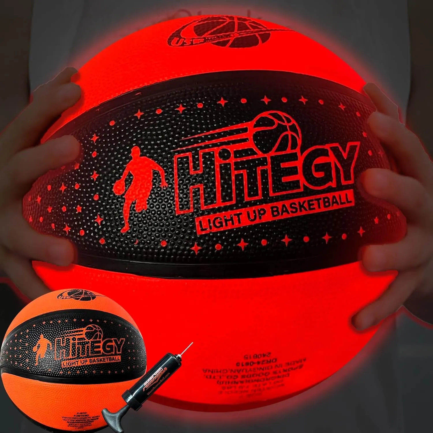 Rechargeable Glow in The Dark Basketball - USB Charging, Water-Resistant, Size 7, Impact Activated, Includes Pump, Ball Bag & Charging Cable - Rechargeable Light Up Basketball - Star