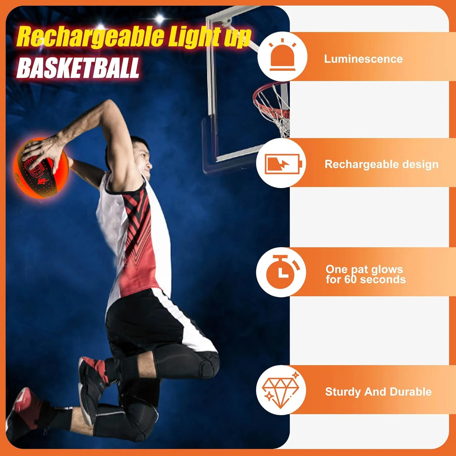 Rechargeable Glow in The Dark Basketball - USB Charging, Water-Resistant, Size 7, Impact Activated, Includes Pump, Ball Bag & Charging Cable - Rechargeable Light Up Basketball - Star