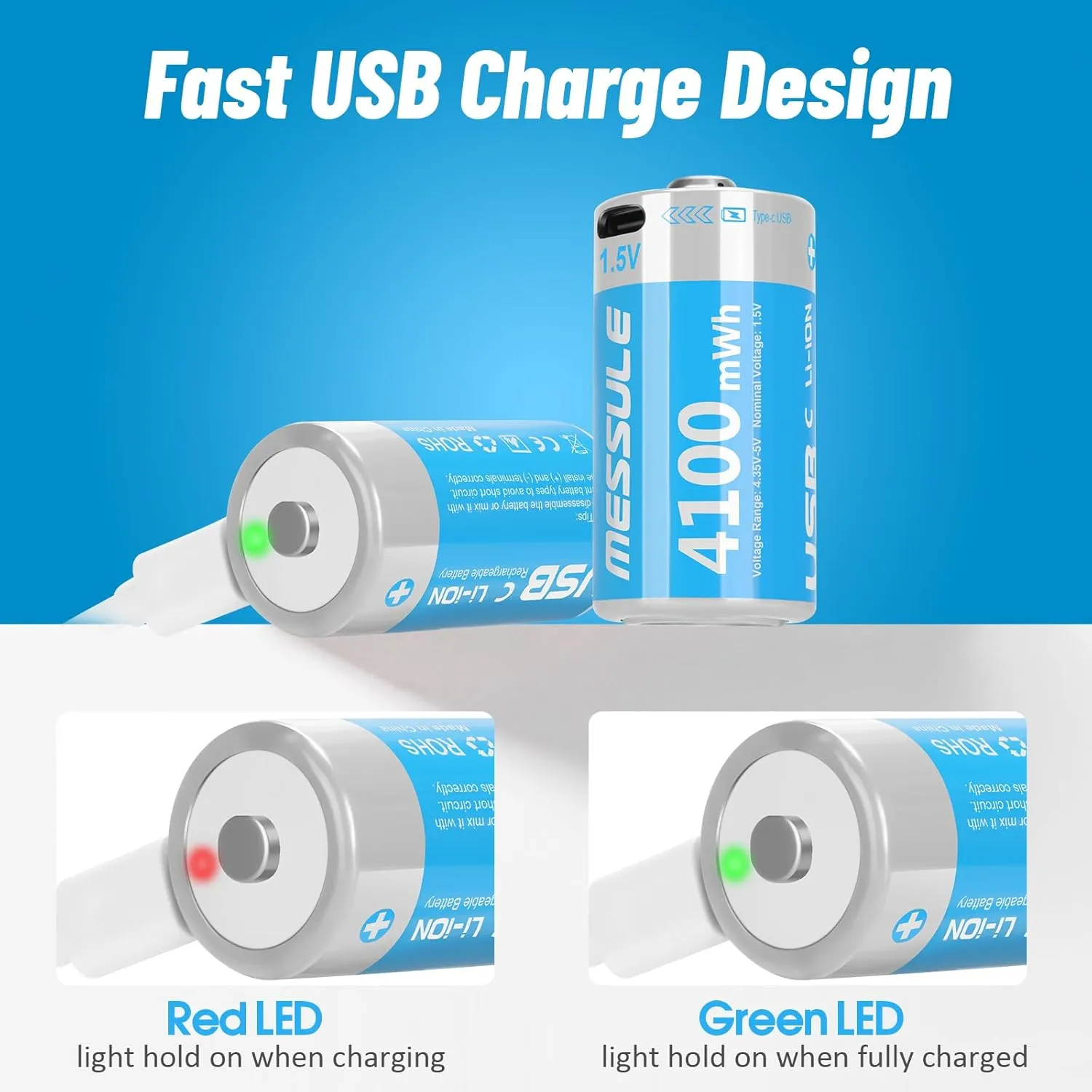 Rechargeable Lithium C Batteries with 4 in 1 USB-C Charge Cable,4 Pack C Cell Li-ion Battries,LR14 1.5V C Size Cell Battery Replacement 4100mWh for Floodlight Toys(4 Pcs)