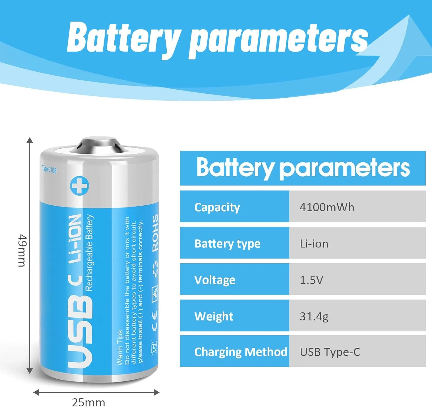 Rechargeable Lithium C Batteries with 4 in 1 USB-C Charge Cable,4 Pack C Cell Li-ion Battries,LR14 1.5V C Size Cell Battery Replacement 4100mWh for Floodlight Toys(4 Pcs)