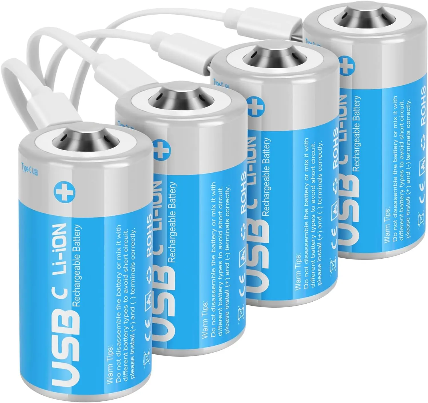Rechargeable Lithium C Batteries with 4 in 1 USB-C Charge Cable,4 Pack C Cell Li-ion Battries,LR14 1.5V C Size Cell Battery Replacement 4100mWh for Floodlight Toys(4 Pcs)