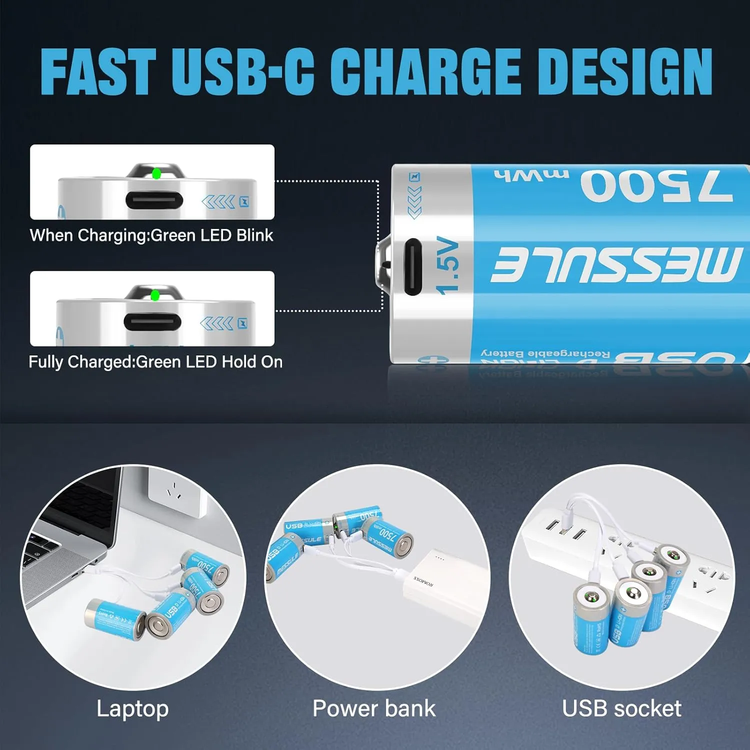 Rechargeable Lithium D Batteries with 4 in 1 USB-C Charge Cable,6 Pack D Cell Li-ion Battries,LR20 1.5V D Size Cell Battery Replacement 7500mWh for Floodlight Toys(6 Pcs)