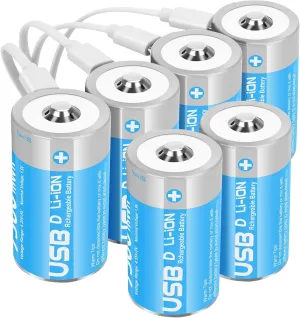 Rechargeable Lithium D Batteries with 4 in 1 USB-C Charge Cable,6 Pack D Cell Li-ion Battries,LR20 1.5V D Size Cell Battery Replacement 7500mWh for Floodlight Toys(6 Pcs)