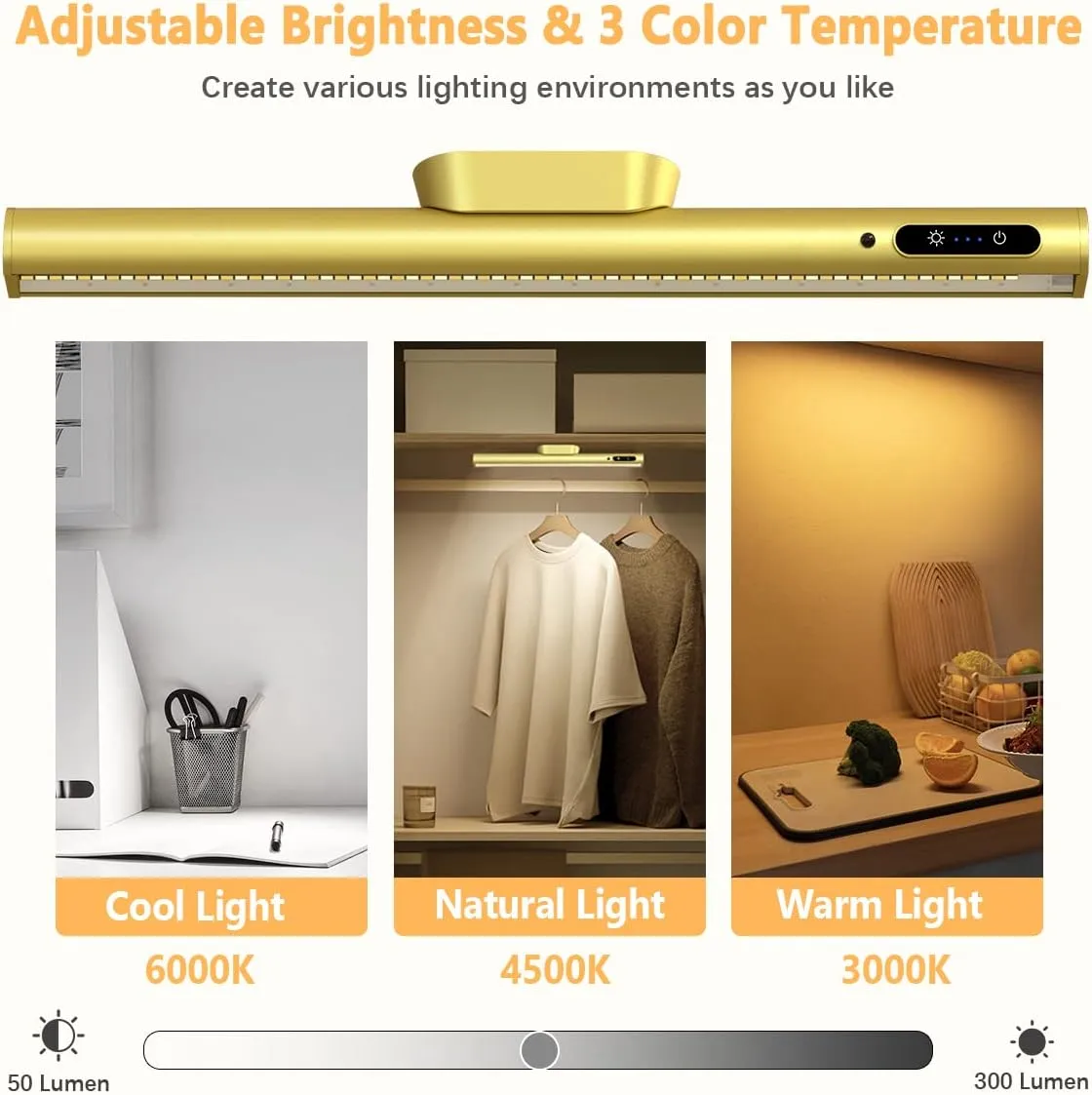 Rechargeable Magnetic LED Light Bar with Remote, Under Cabinet Lighting Wireless, Battery Powered Operated Wall Strip Lights, Dimmable Desk Lamp for Picture Mirror Closet Room – Gold