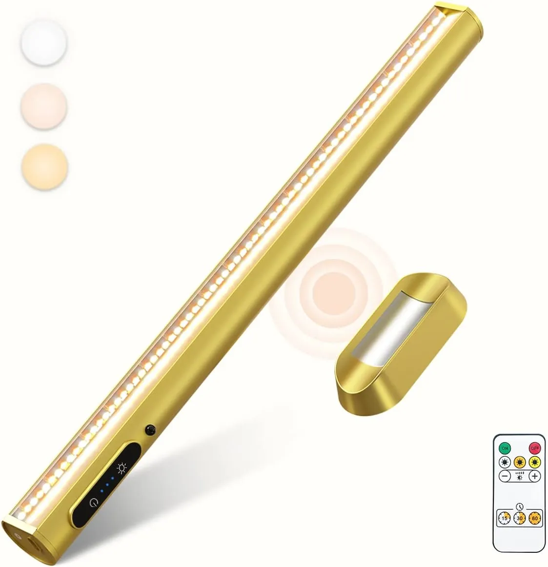 Rechargeable Magnetic LED Light Bar with Remote, Under Cabinet Lighting Wireless, Battery Powered Operated Wall Strip Lights, Dimmable Desk Lamp for Picture Mirror Closet Room – Gold