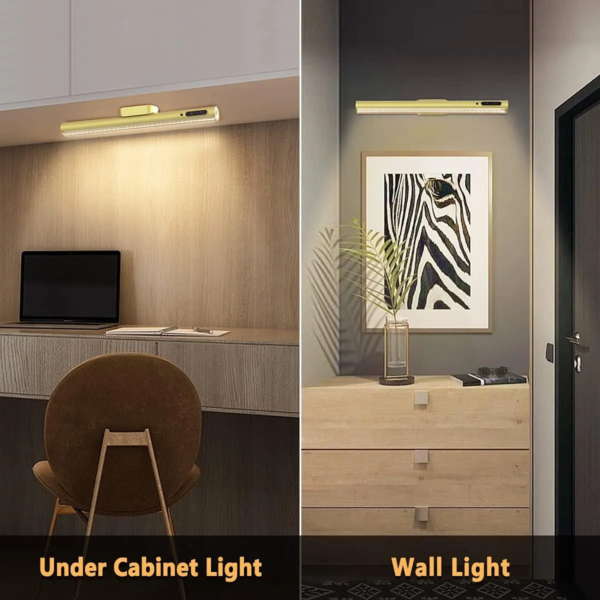 Rechargeable Magnetic LED Light Bar with Remote, Under Cabinet Lighting Wireless, Battery Powered Operated Wall Strip Lights, Dimmable Desk Lamp for Picture Mirror Closet Room – Gold