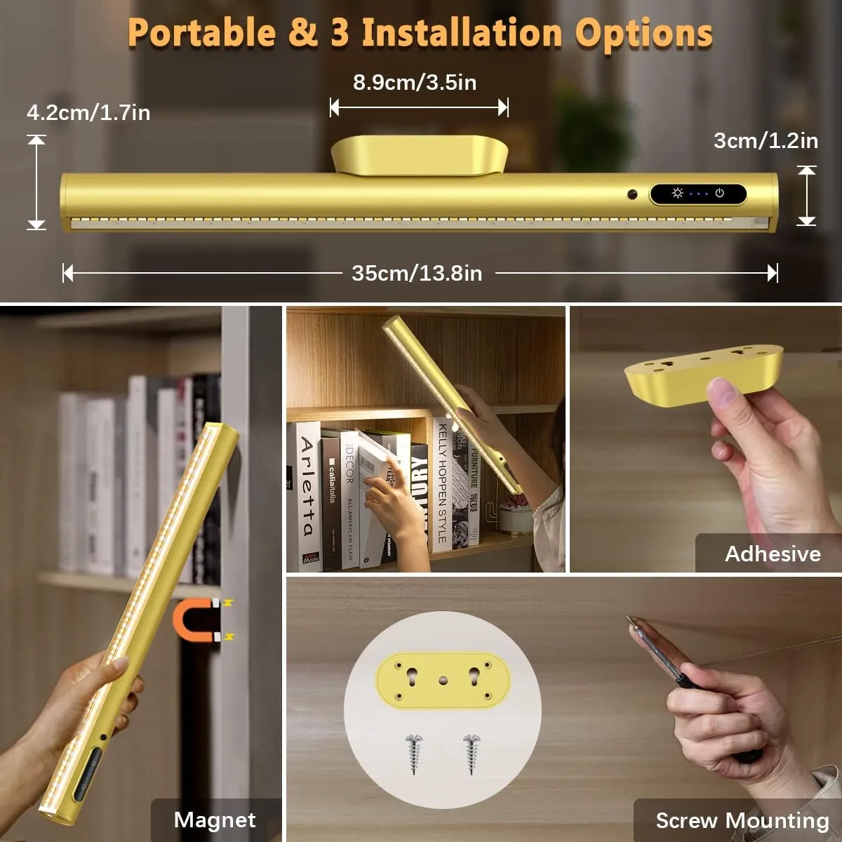 Rechargeable Magnetic LED Light Bar with Remote, Under Cabinet Lighting Wireless, Battery Powered Operated Wall Strip Lights, Dimmable Desk Lamp for Picture Mirror Closet Room – Gold