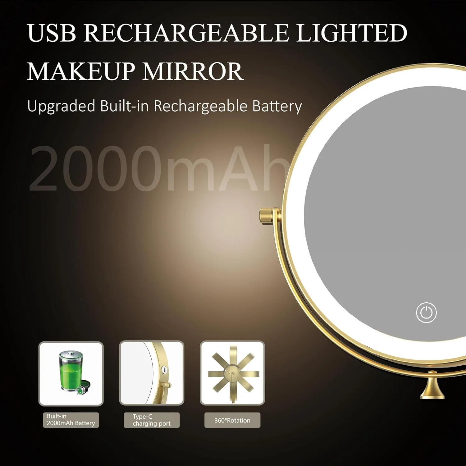 Rechargeable Wall Mounted Lighted Makeup Vanity Mirror 8 Inch Double Sided 1X 10X Magnifying Bathroom Mirror, 3 Color Lighting, Touch Screen Dimming, 360 Rotation Shaving Mirror
