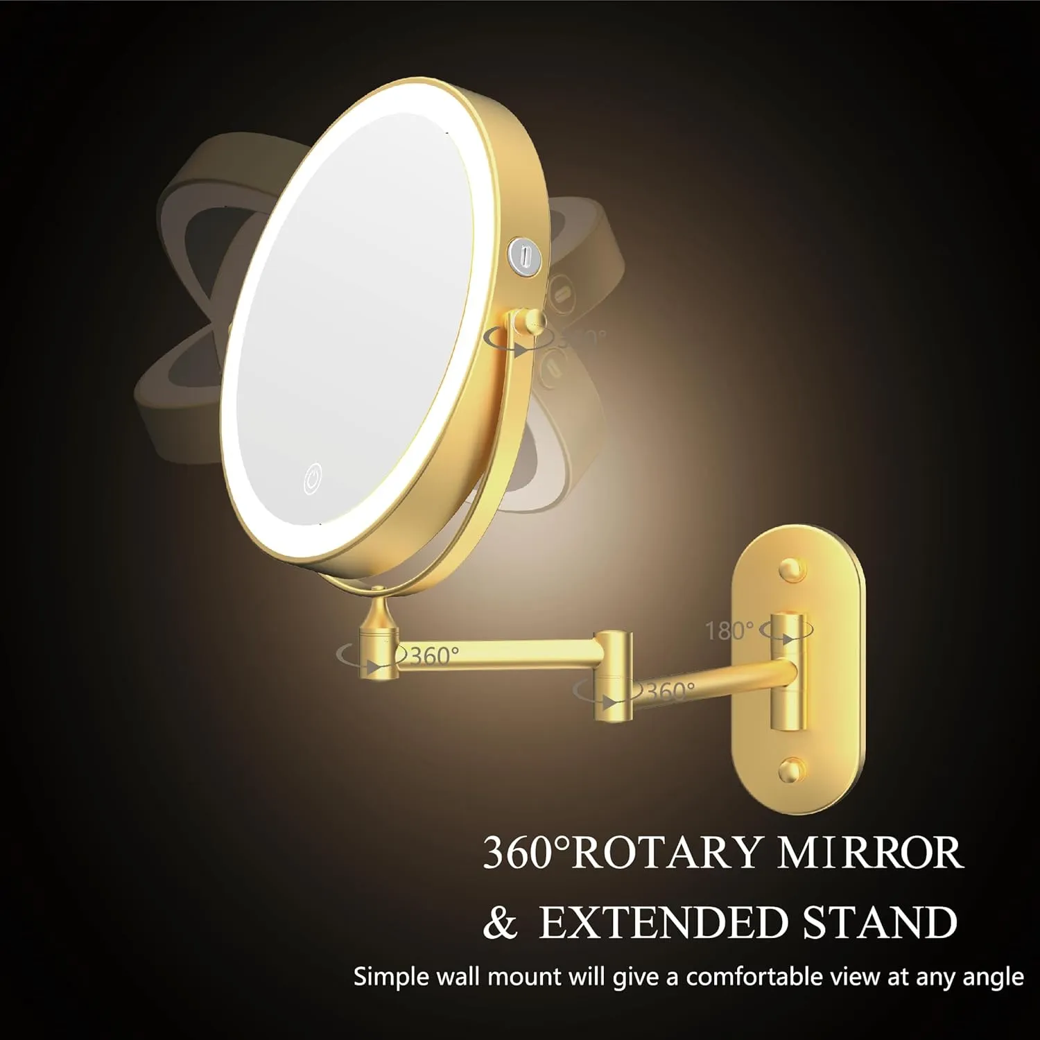 Rechargeable Wall Mounted Lighted Makeup Vanity Mirror 8 Inch Double Sided 1X 10X Magnifying Bathroom Mirror, 3 Color Lighting, Touch Screen Dimming, 360 Rotation Shaving Mirror