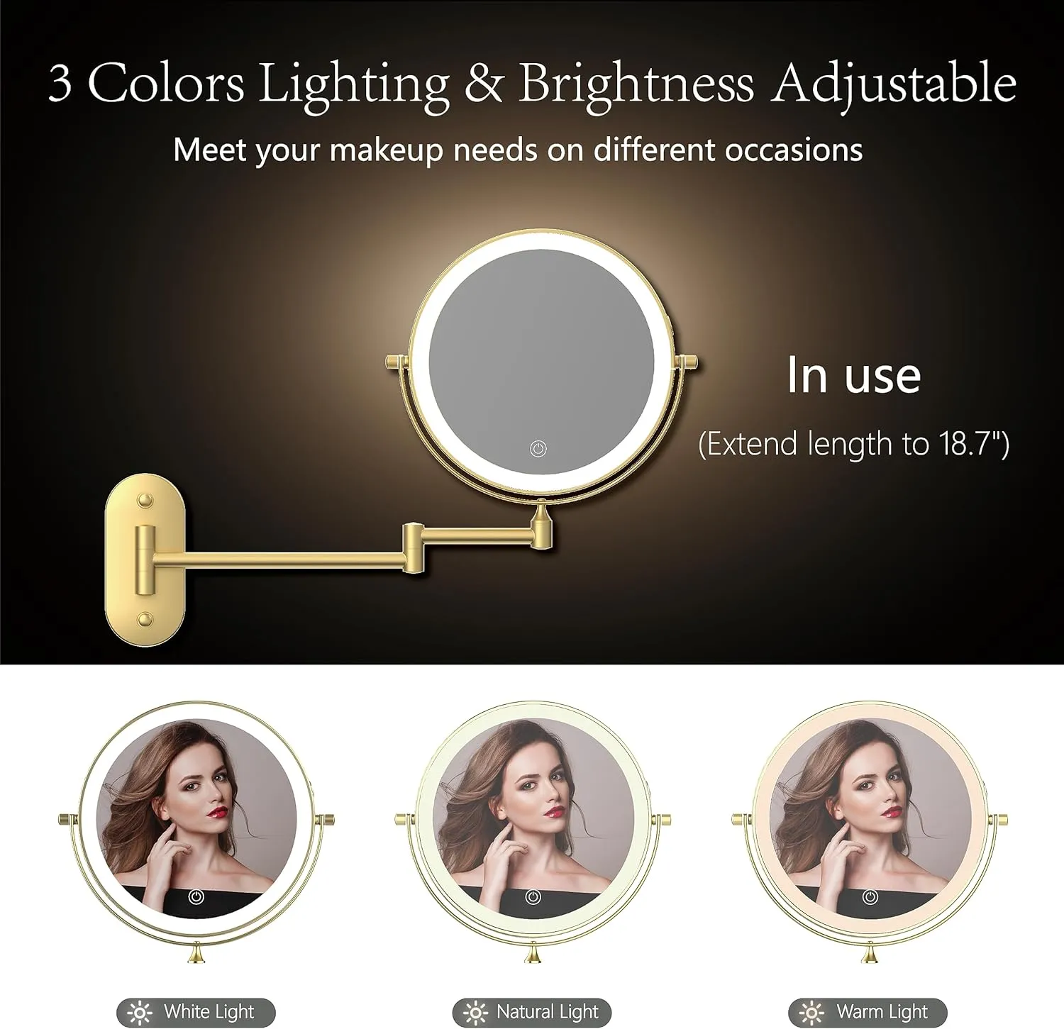 Rechargeable Wall Mounted Lighted Makeup Vanity Mirror 8 Inch Double Sided 1X 10X Magnifying Bathroom Mirror, 3 Color Lighting, Touch Screen Dimming, 360 Rotation Shaving Mirror