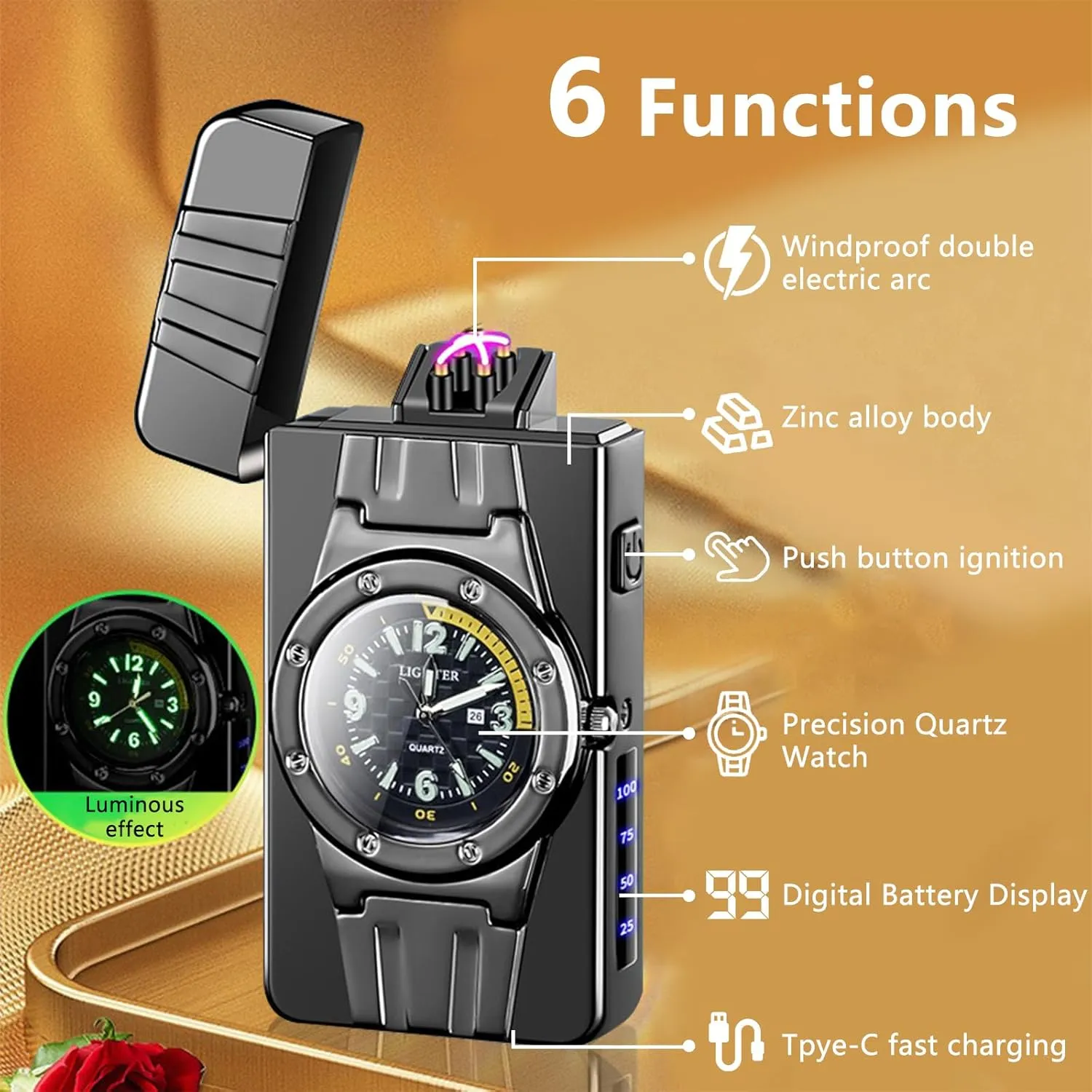 Rechargeable Windproof Plasma Lighter with Luxury Design LED Light 75° Slant Bar Fast USB Charging Auto Shut-Off – Perfect for Outdoor Adventures and Gifts(Dark ice red)