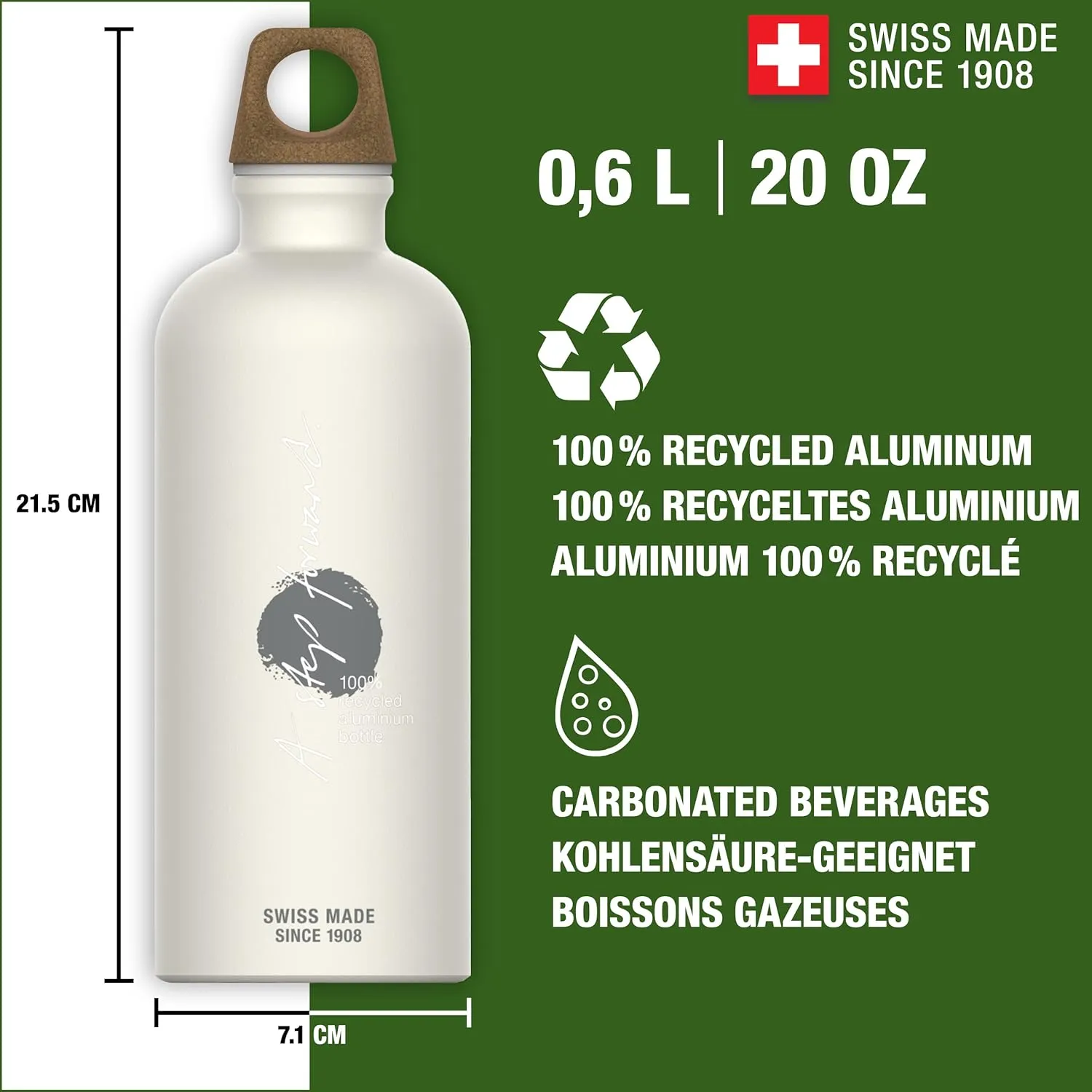 Recycled Metal Water Bottle - Traveller MyPlanet - Made in Switzerland - Carbonated Drinks - Lightweight 20, 34Oz