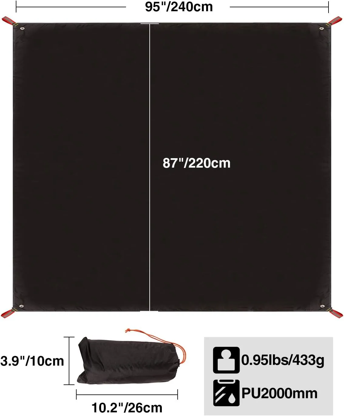 REDCAMP Ultralight Tent Footprint, PU 2000 Waterproof Camping Tent Tarp with Drawstring Carrying Bag for Ground Camping Hiking (95"x87" UL Black)