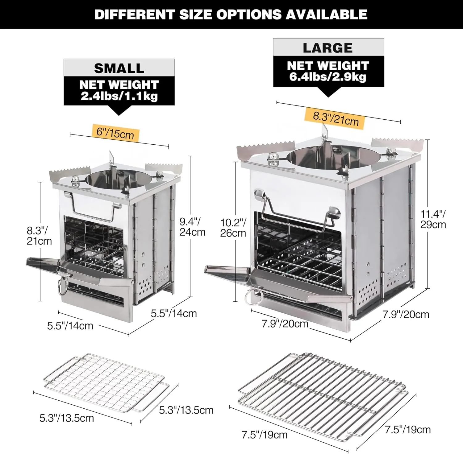 REDCAMP Wood Burning Folding Camp Stove Stainless Steel Grid and Pot Stand, Portable Collapsible Backpacking Stove Survival Rocket Stove for Hiking Outdoor Tent Camping Picnic, Samll with Pot Stand