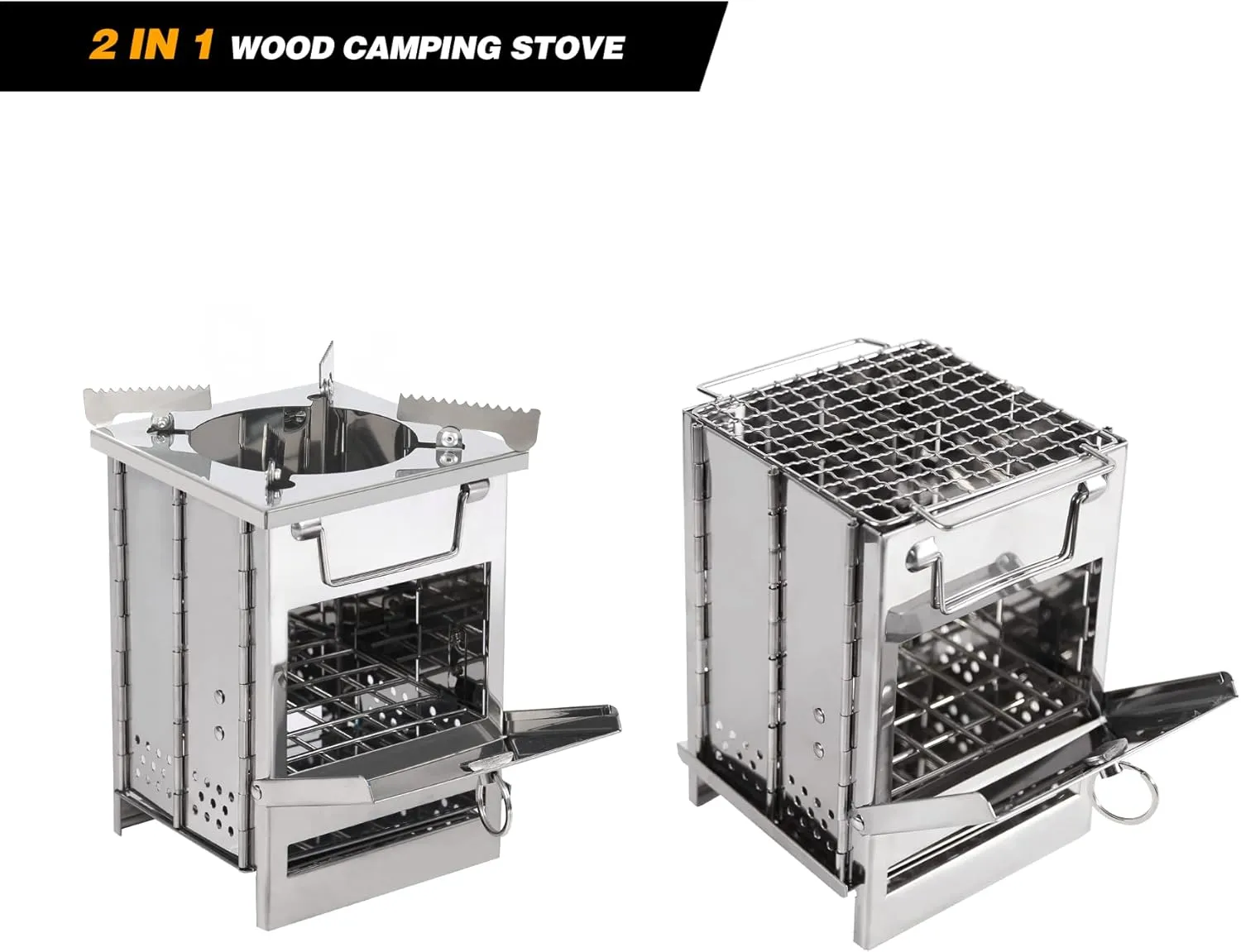 REDCAMP Wood Burning Folding Camp Stove Stainless Steel Grid and Pot Stand, Portable Collapsible Backpacking Stove Survival Rocket Stove for Hiking Outdoor Tent Camping Picnic, Samll with Pot Stand