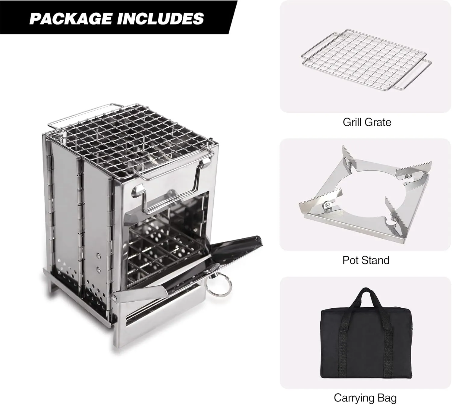 REDCAMP Wood Burning Folding Camp Stove Stainless Steel Grid and Pot Stand, Portable Collapsible Backpacking Stove Survival Rocket Stove for Hiking Outdoor Tent Camping Picnic, Samll with Pot Stand
