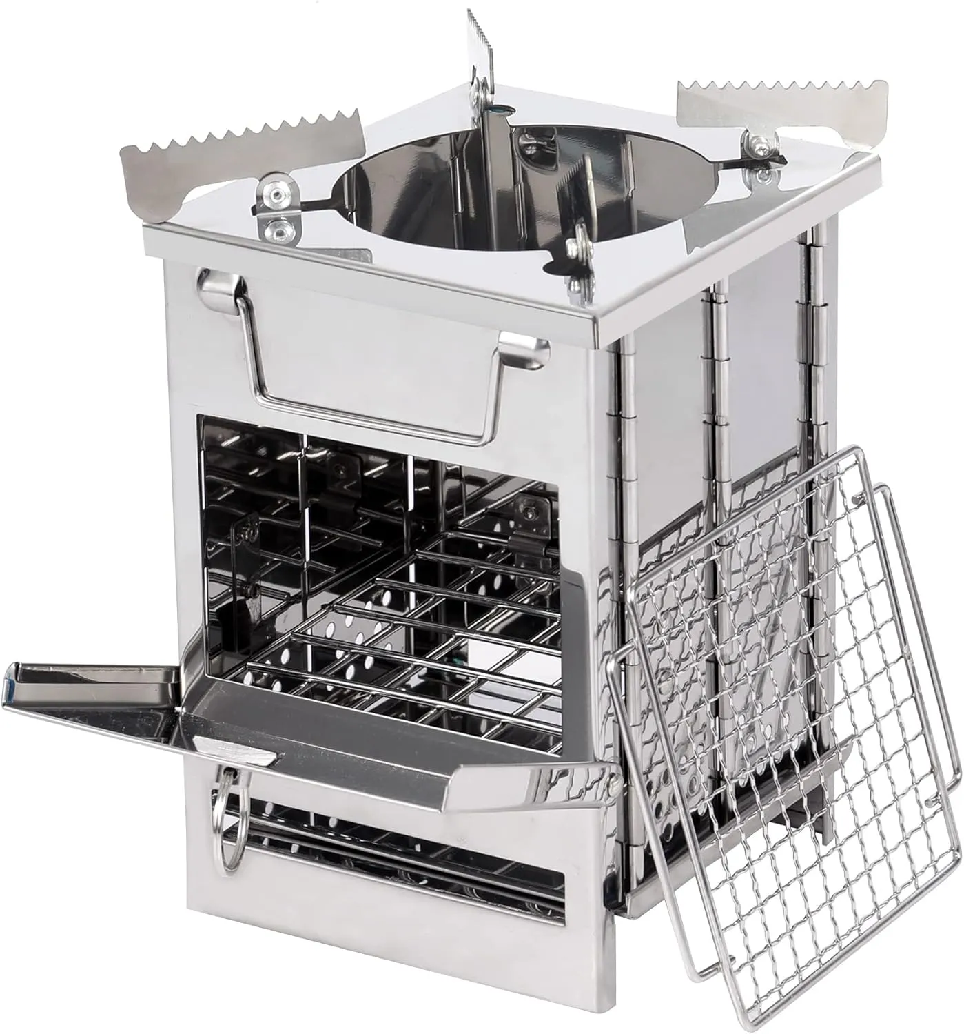 REDCAMP Wood Burning Folding Camp Stove Stainless Steel Grid and Pot Stand, Portable Collapsible Backpacking Stove Survival Rocket Stove for Hiking Outdoor Tent Camping Picnic, Samll with Pot Stand