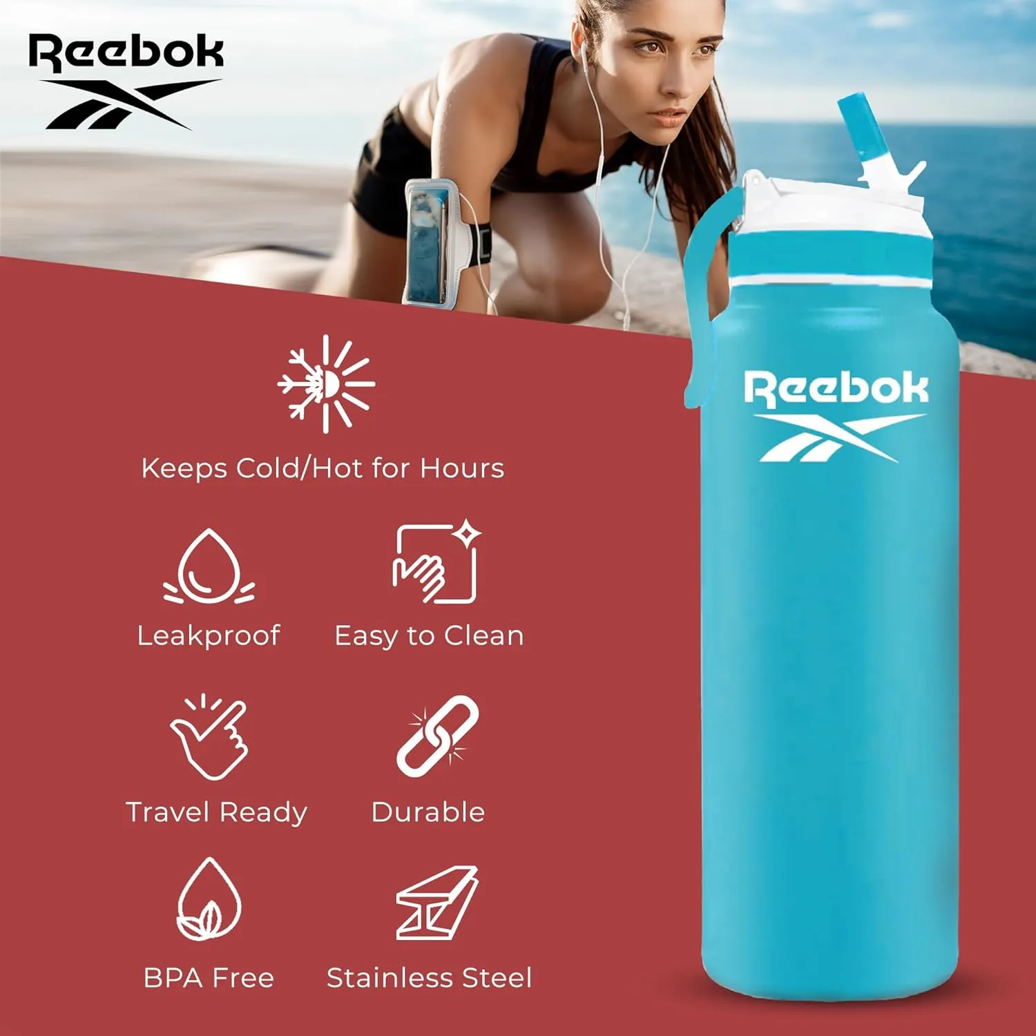 Reebok Lifestyle Stainless Steel Water Bottle - Insulated Water Bottle 32 oz With Straw - Double Wall Vacuum Insulated Sports Water Bottle, BPA Free