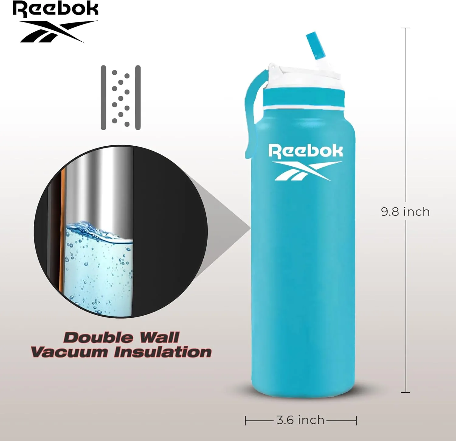 Reebok Lifestyle Stainless Steel Water Bottle - Insulated Water Bottle 32 oz With Straw - Double Wall Vacuum Insulated Sports Water Bottle, BPA Free