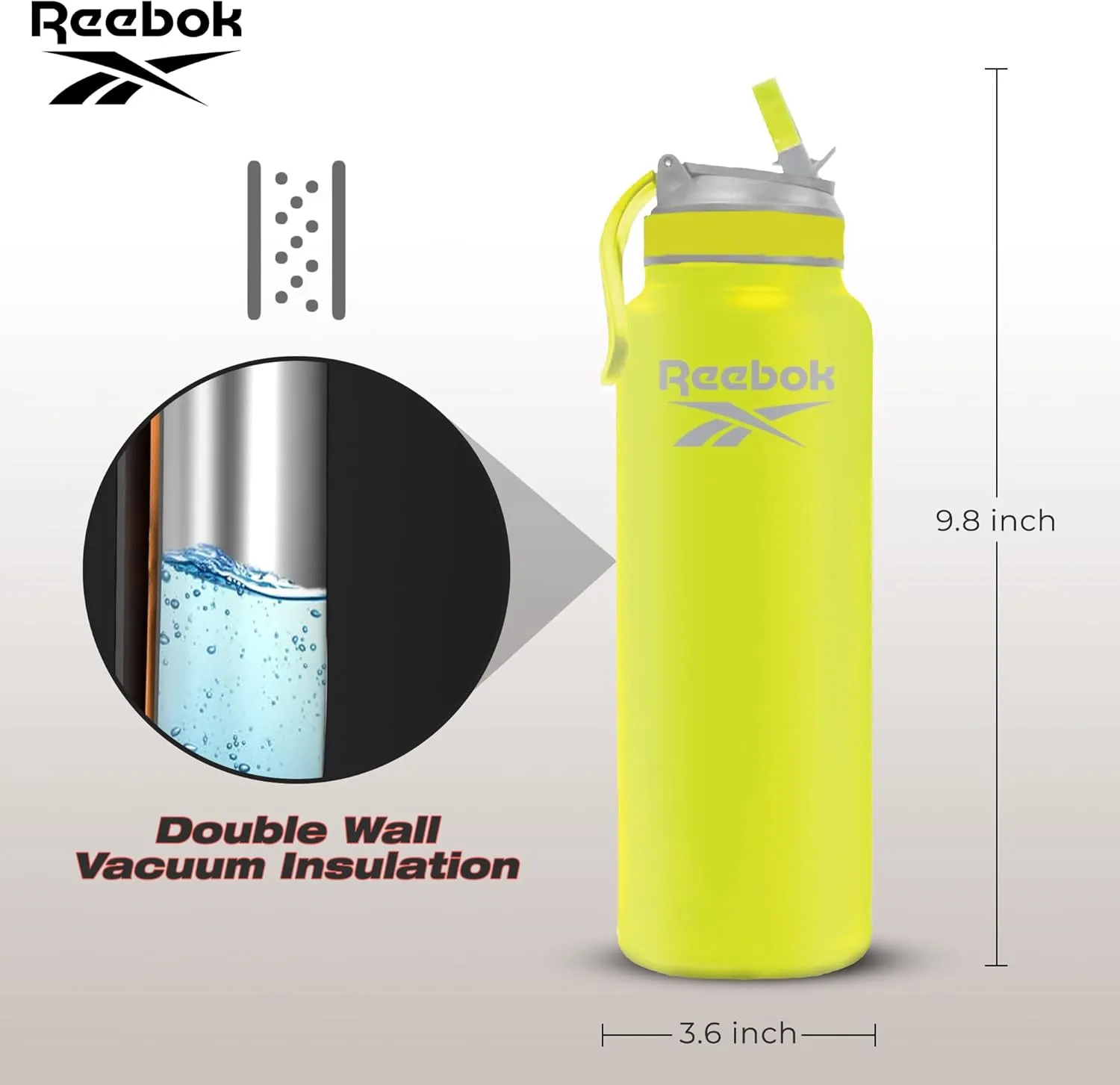 Reebok Lifestyle Stainless Steel Water Bottle - Insulated Water Bottle 32 oz With Straw - Double Wall Vacuum Insulated Sports Water Bottle, BPA Free