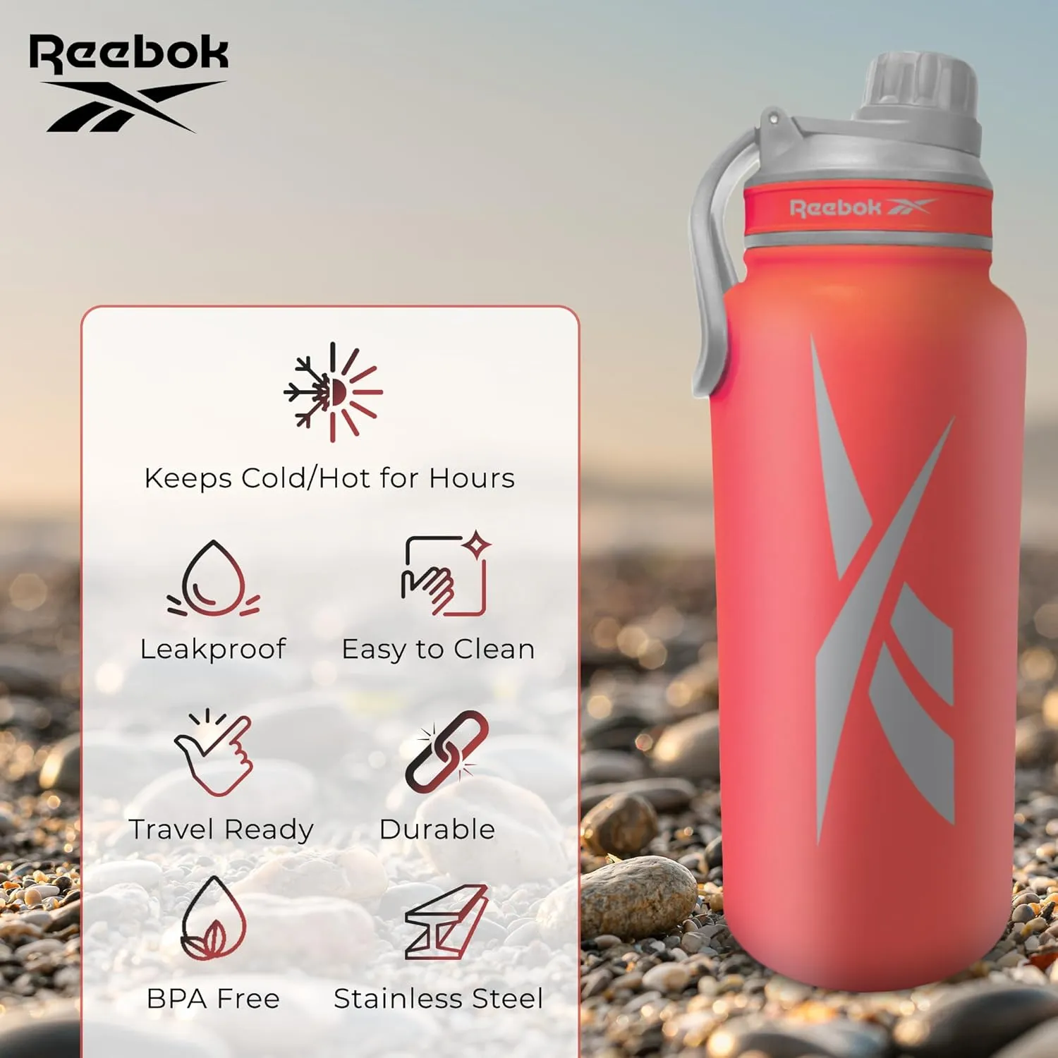 Reebok Stainless Steel Water Bottle With Athletic Design - Insulated Water Bottle 40 oz With Chug Lid - Double Wall Vaccum Insulated Sports Water Bottle, BPA Free (Red)