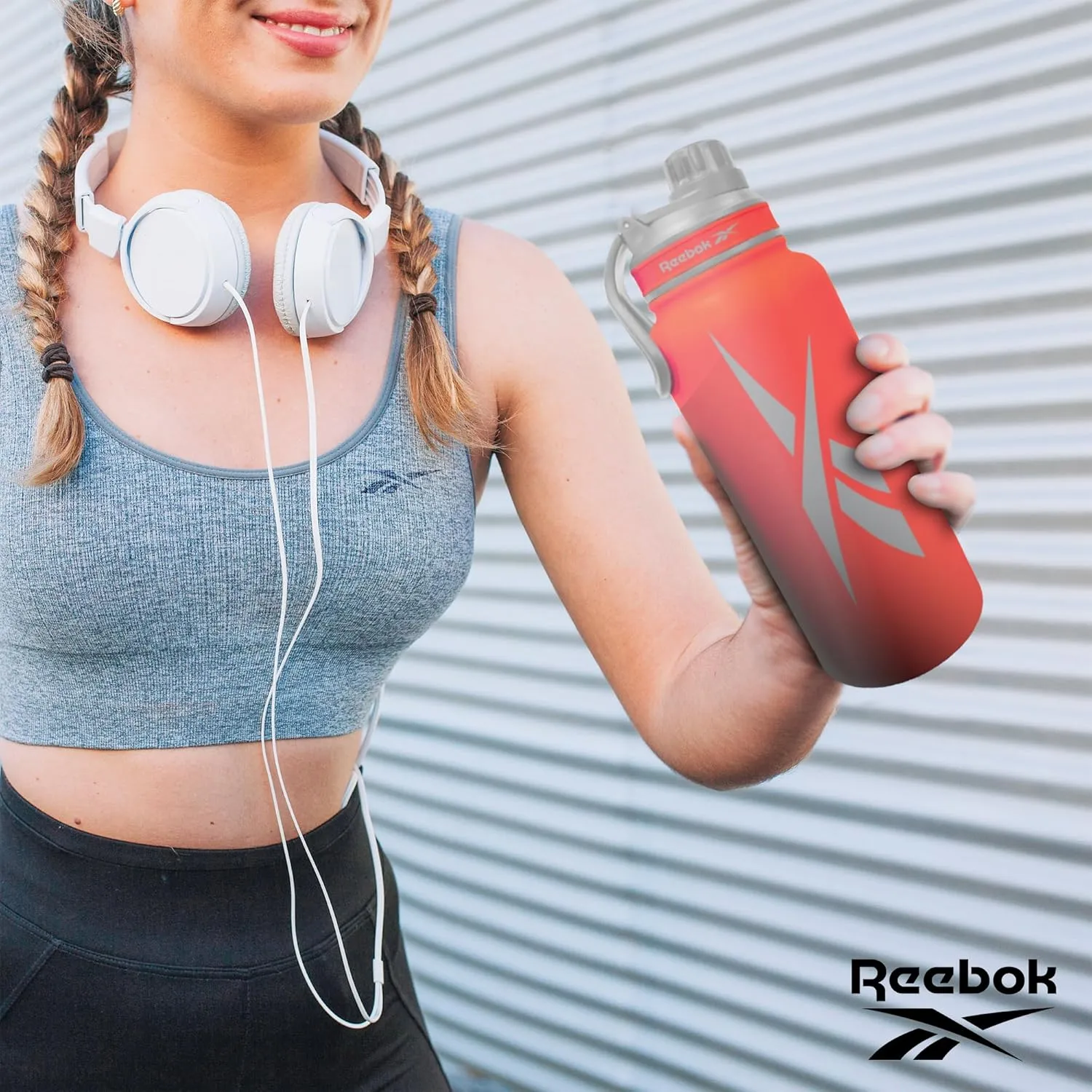 Reebok Stainless Steel Water Bottle With Athletic Design - Insulated Water Bottle 40 oz With Chug Lid - Double Wall Vaccum Insulated Sports Water Bottle, BPA Free (Red)