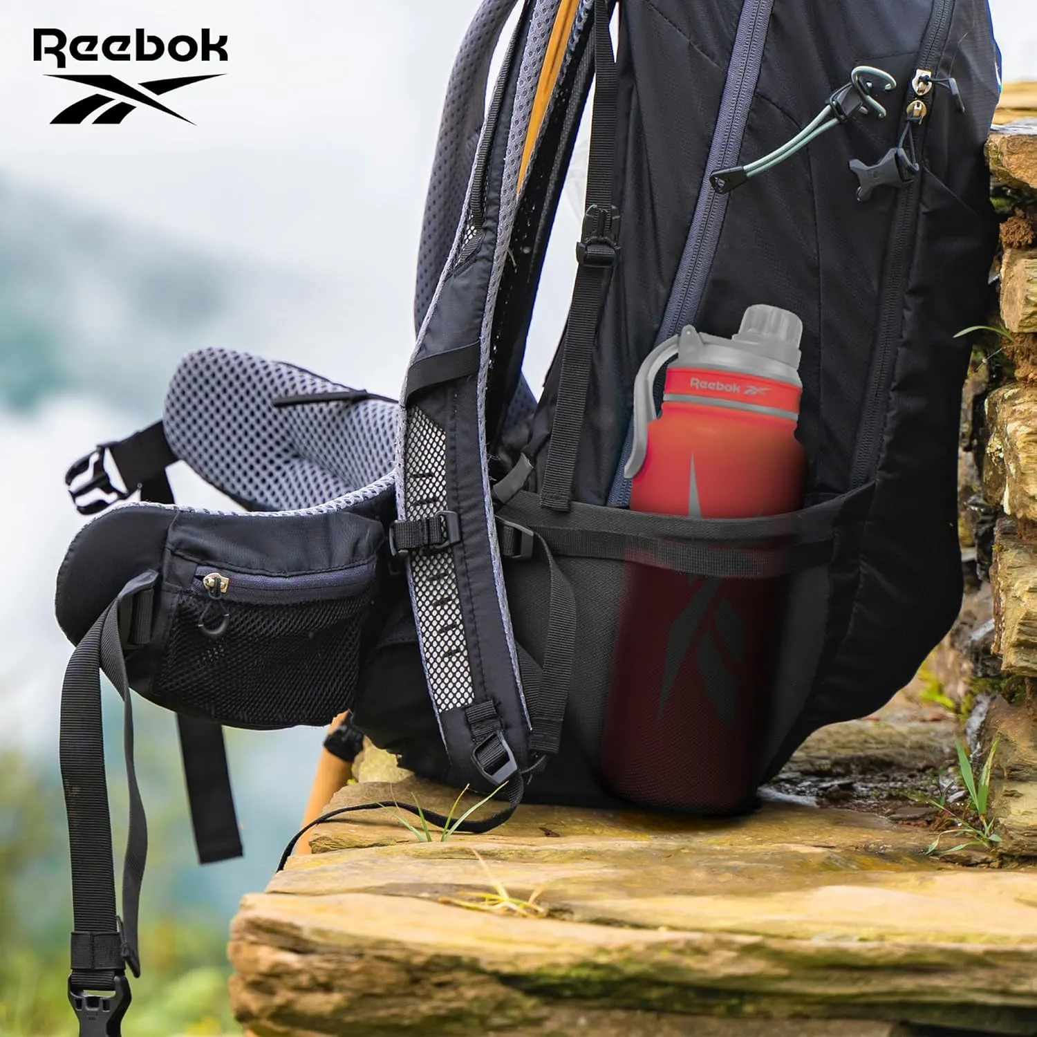 Reebok Stainless Steel Water Bottle With Athletic Design - Insulated Water Bottle 40 oz With Chug Lid - Double Wall Vaccum Insulated Sports Water Bottle, BPA Free (Red)