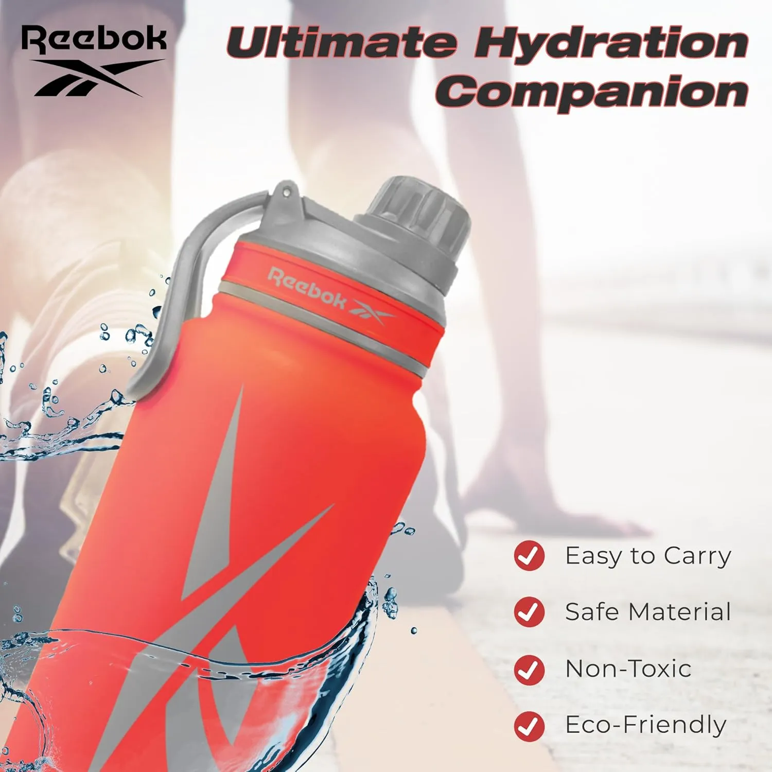 Reebok Stainless Steel Water Bottle With Athletic Design - Insulated Water Bottle 40 oz With Chug Lid - Double Wall Vaccum Insulated Sports Water Bottle, BPA Free (Red)