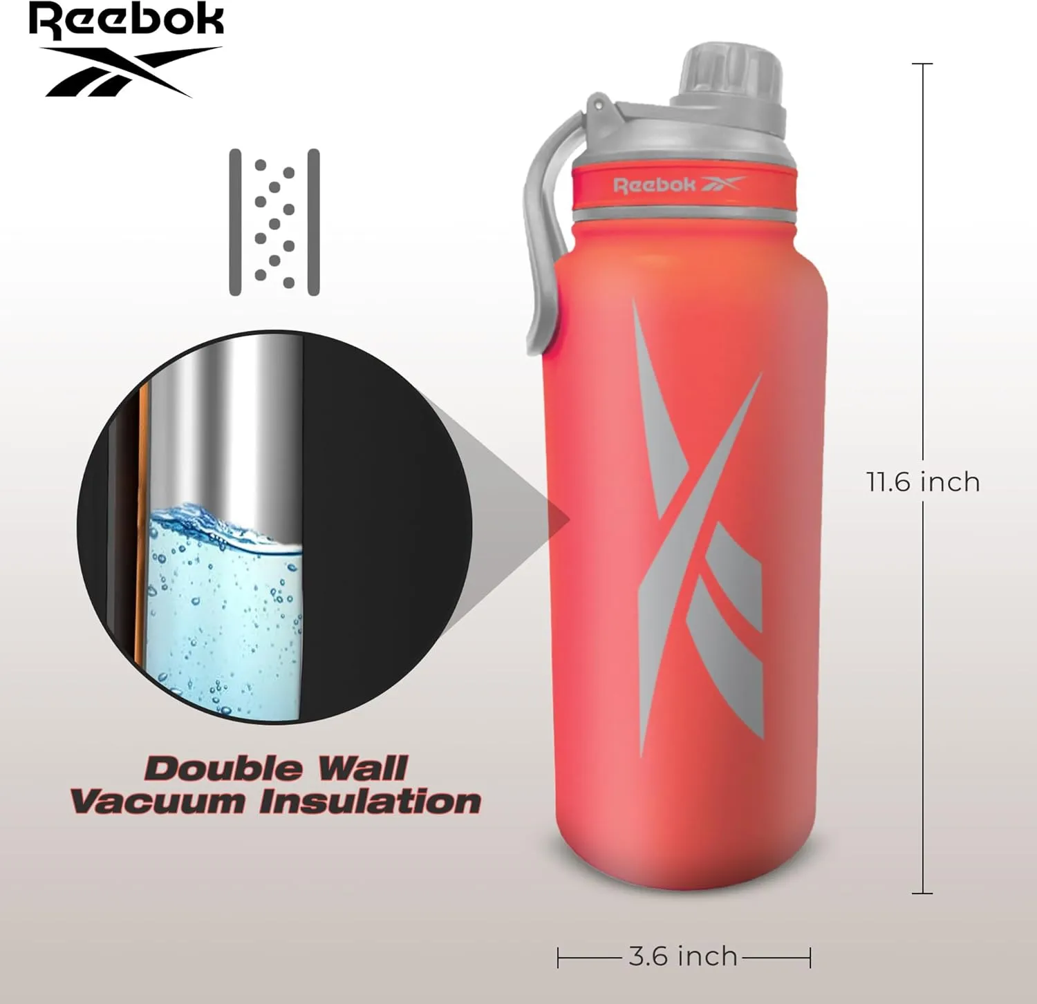 Reebok Stainless Steel Water Bottle With Athletic Design - Insulated Water Bottle 40 oz With Chug Lid - Double Wall Vaccum Insulated Sports Water Bottle, BPA Free (Red)