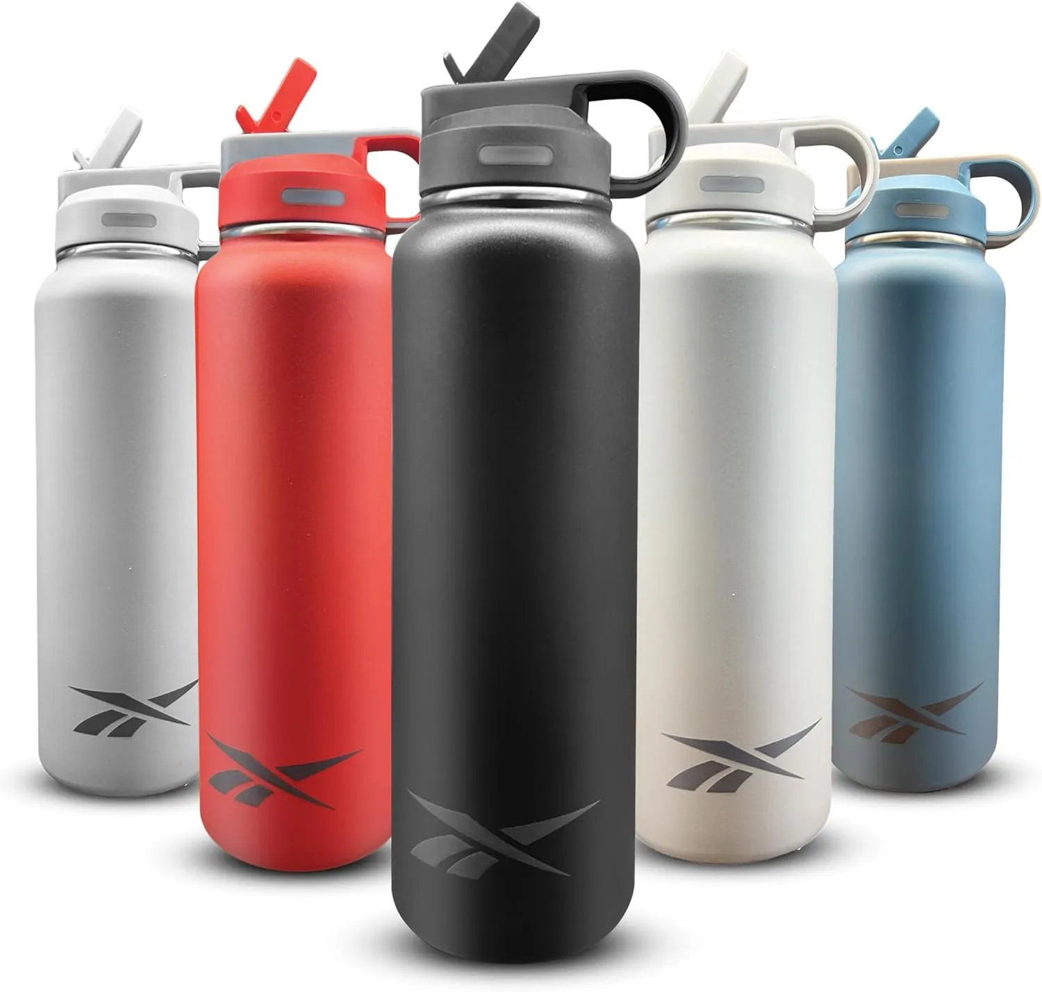Reebok Stainless Steel Water Bottle With Straw & Athletic Design - Insulated Water Bottles 32 oz - Double Wall Vacuum Insulated Sports Water Bottle With Straw, BPA Free (Black)
