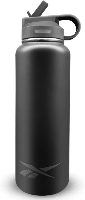 Reebok Stainless Steel Water Bottle With Straw & Athletic Design - Insulated Water Bottles 32 oz - Double Wall Vacuum Insulated Sports Water Bottle With Straw, BPA Free (Black)
