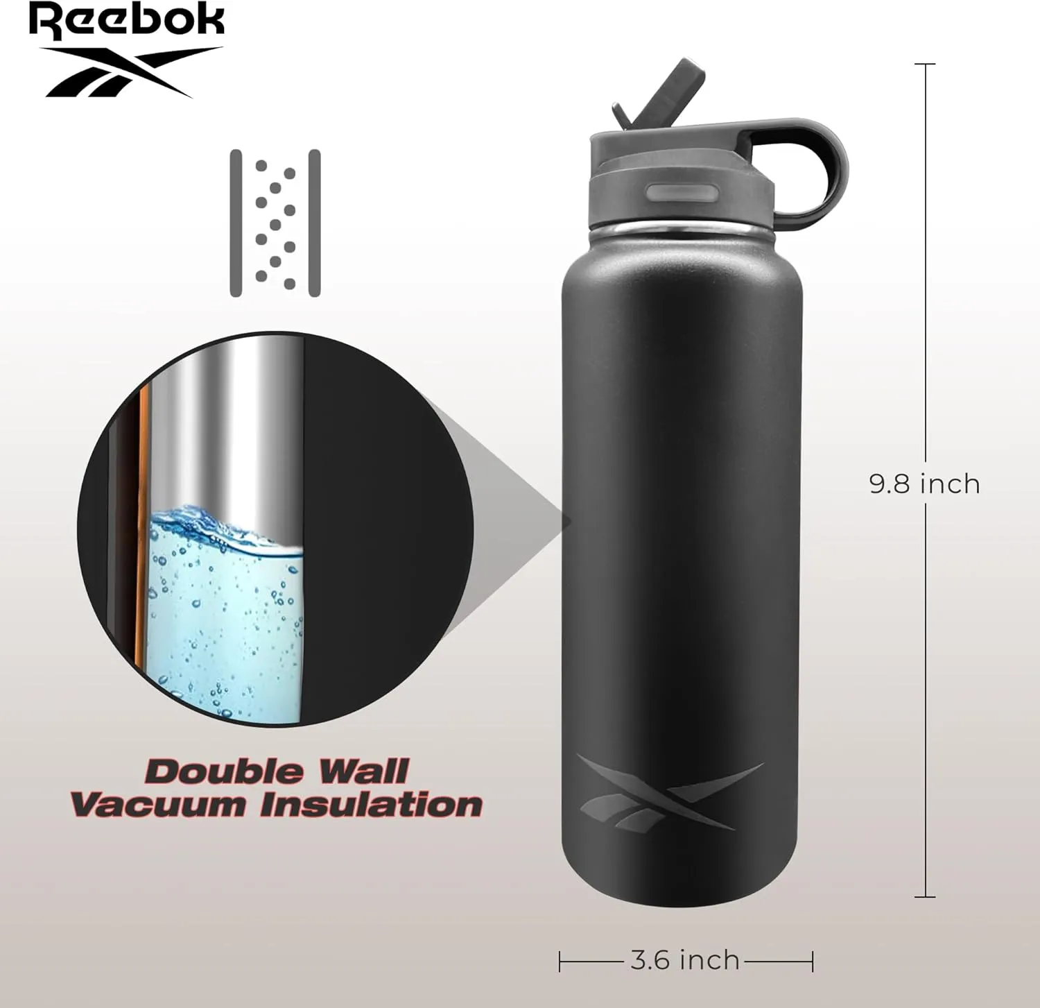 Reebok Stainless Steel Water Bottle With Straw & Athletic Design - Insulated Water Bottles 32 oz - Double Wall Vacuum Insulated Sports Water Bottle With Straw, BPA Free (Black)
