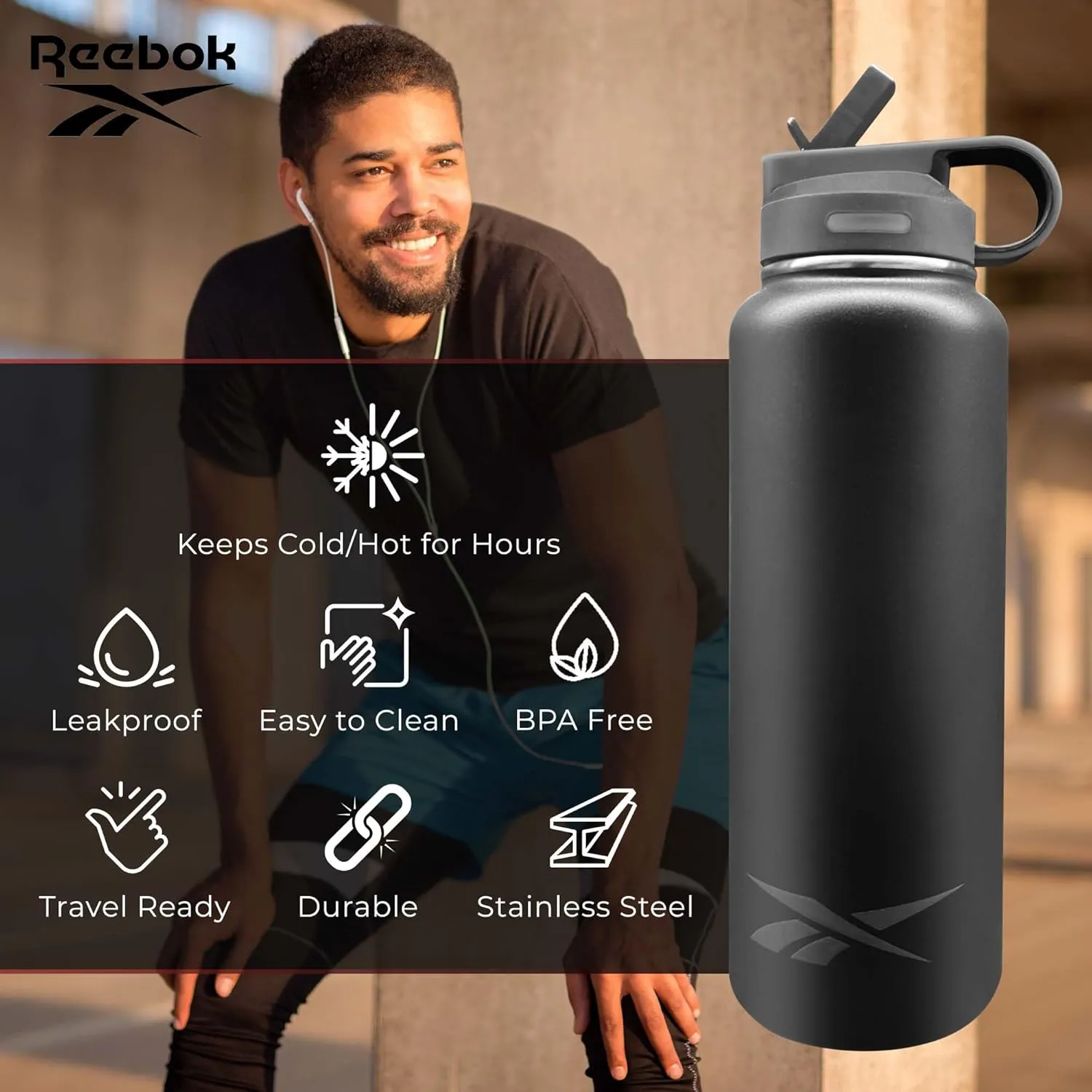 Reebok Stainless Steel Water Bottle With Straw & Athletic Design - Insulated Water Bottles 32 oz - Double Wall Vacuum Insulated Sports Water Bottle With Straw, BPA Free (Black)