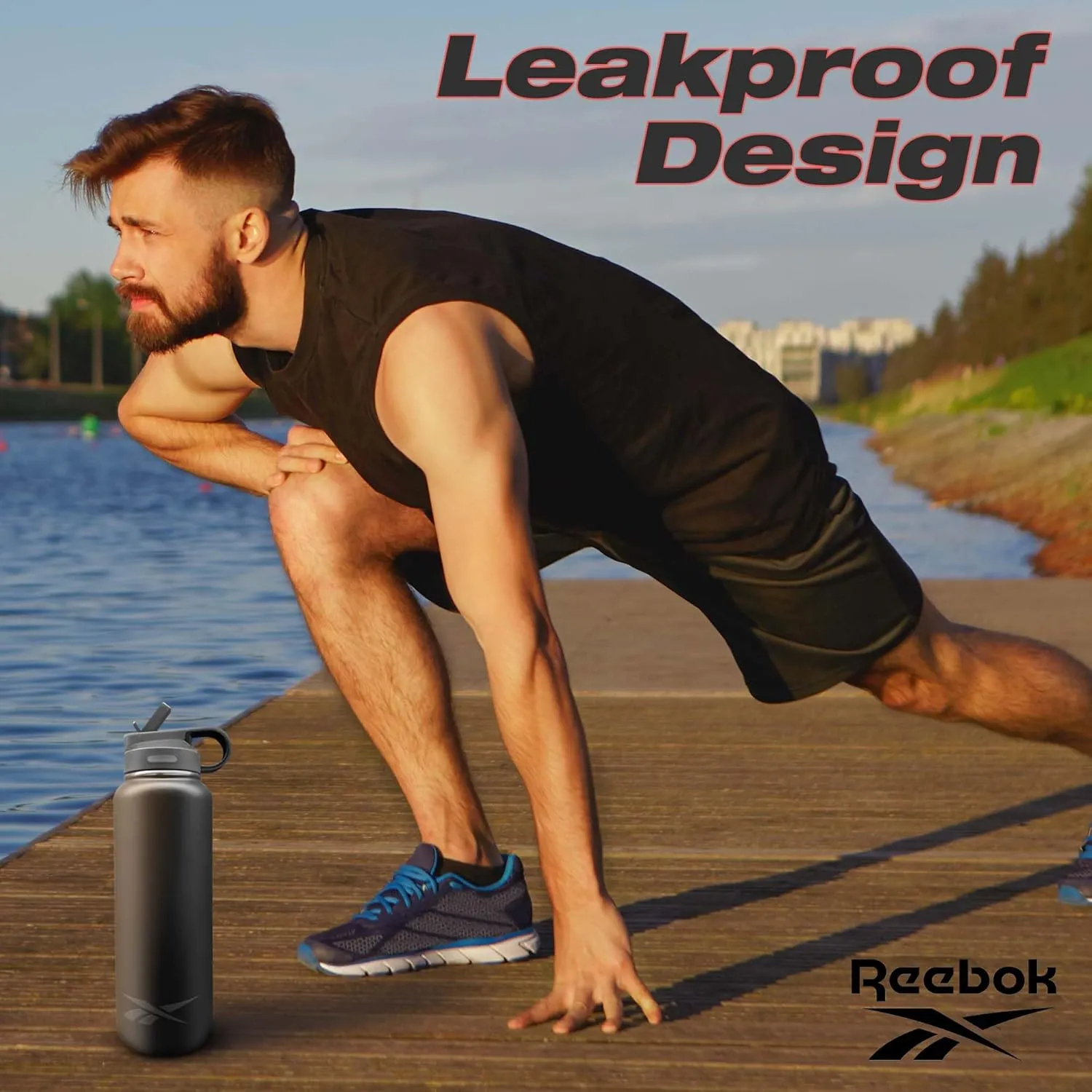 Reebok Stainless Steel Water Bottle With Straw & Athletic Design - Insulated Water Bottles 32 oz - Double Wall Vacuum Insulated Sports Water Bottle With Straw, BPA Free (Black)