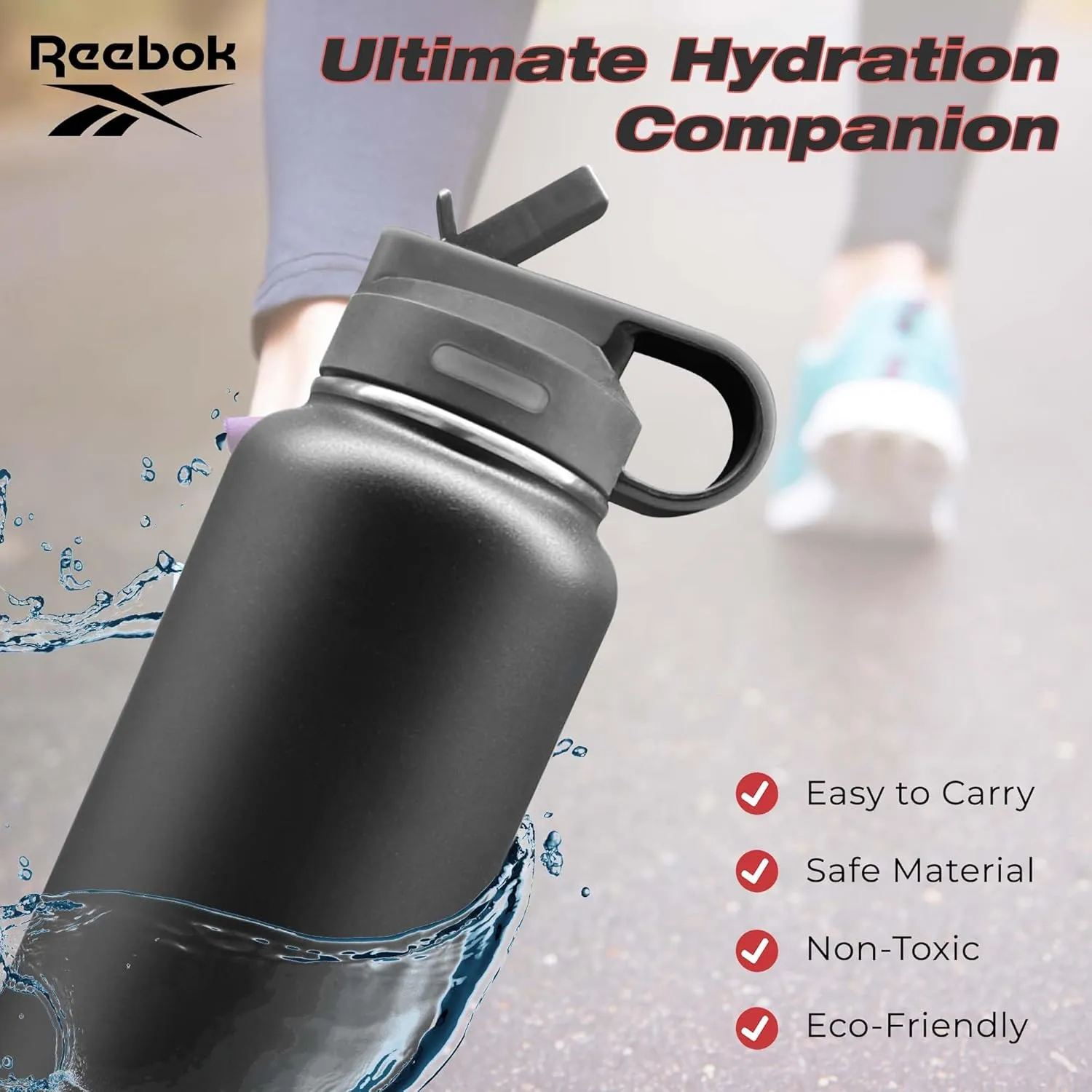 Reebok Stainless Steel Water Bottle With Straw & Athletic Design - Insulated Water Bottles 32 oz - Double Wall Vacuum Insulated Sports Water Bottle With Straw, BPA Free (Black)