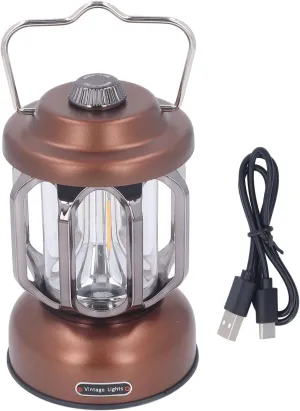 Retro Camping Lantern Vintage Camping Lamp Dimmable with Hook Water Proof LED Tent Lamp for Garden (Brown)