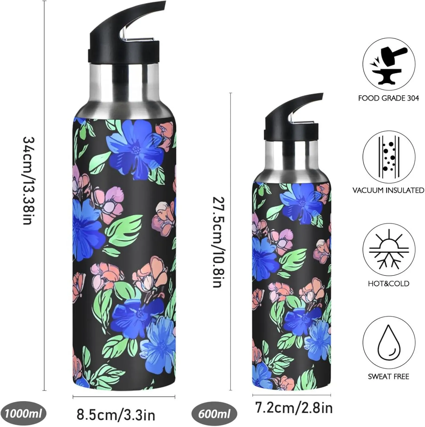 Retro Flower Sports Water Bottle with Straw, 22oz BPA Free Stainless Steel Vacuum Insulated Bottle for Gym Fitness Outdoor