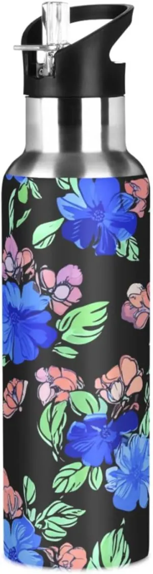 Retro Flower Sports Water Bottle with Straw, 22oz BPA Free Stainless Steel Vacuum Insulated Bottle for Gym Fitness Outdoor