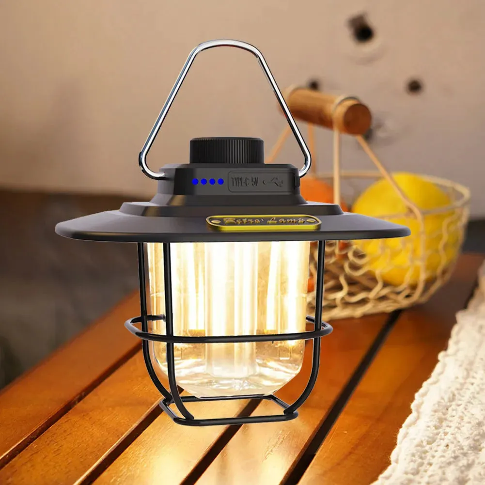 Retro LED Camping Lantern with Stepless Dimming - Waterproof Hanging Tent Lamp