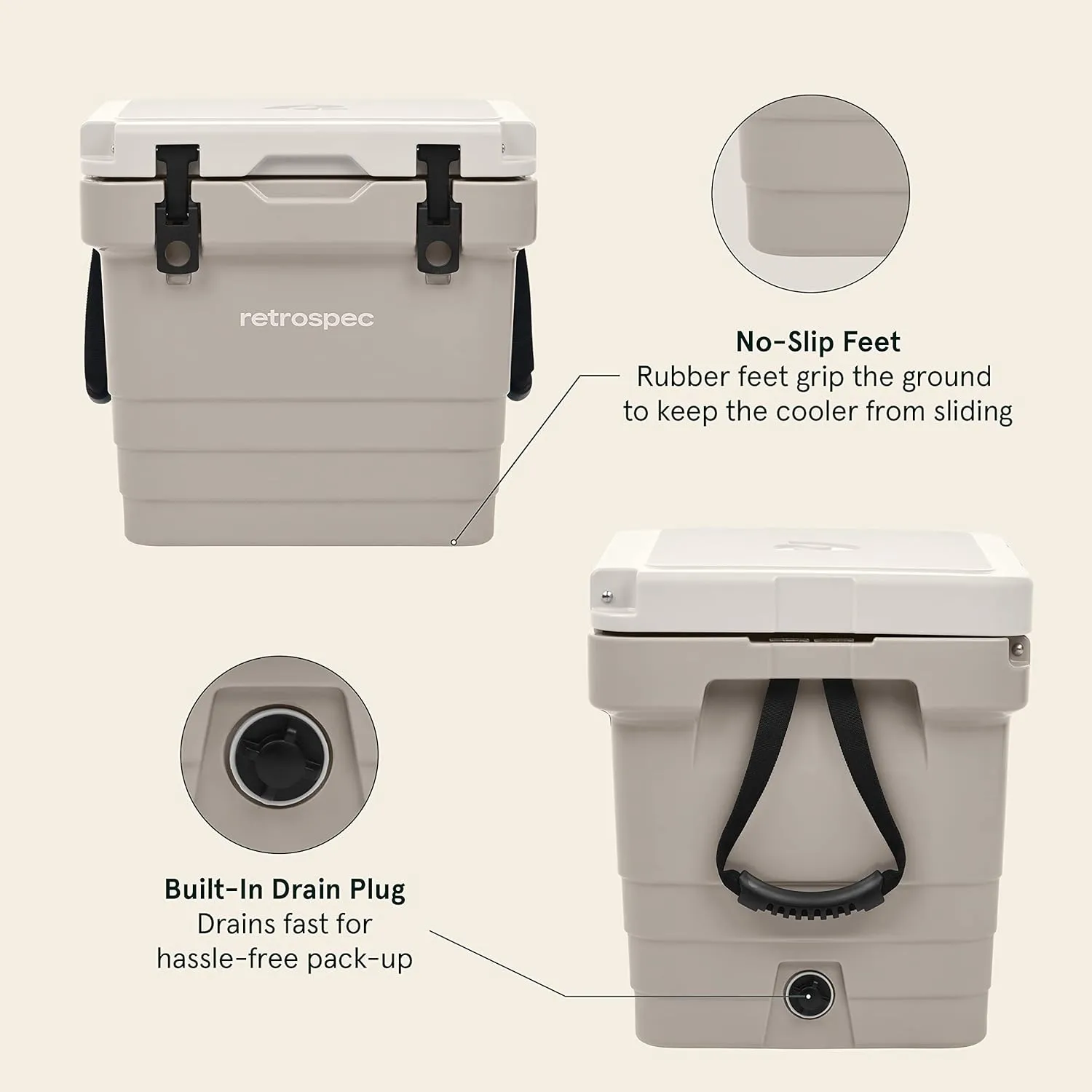 Retrospec Palisade Rotomolded Cooler - Fully Insulated Portable Ice Chest with Built in Bottle Opener, Tie-Down Slots & Dry Goods Basket - Large Beach, Camping & Travel Coolers 25, 45 & 65qt