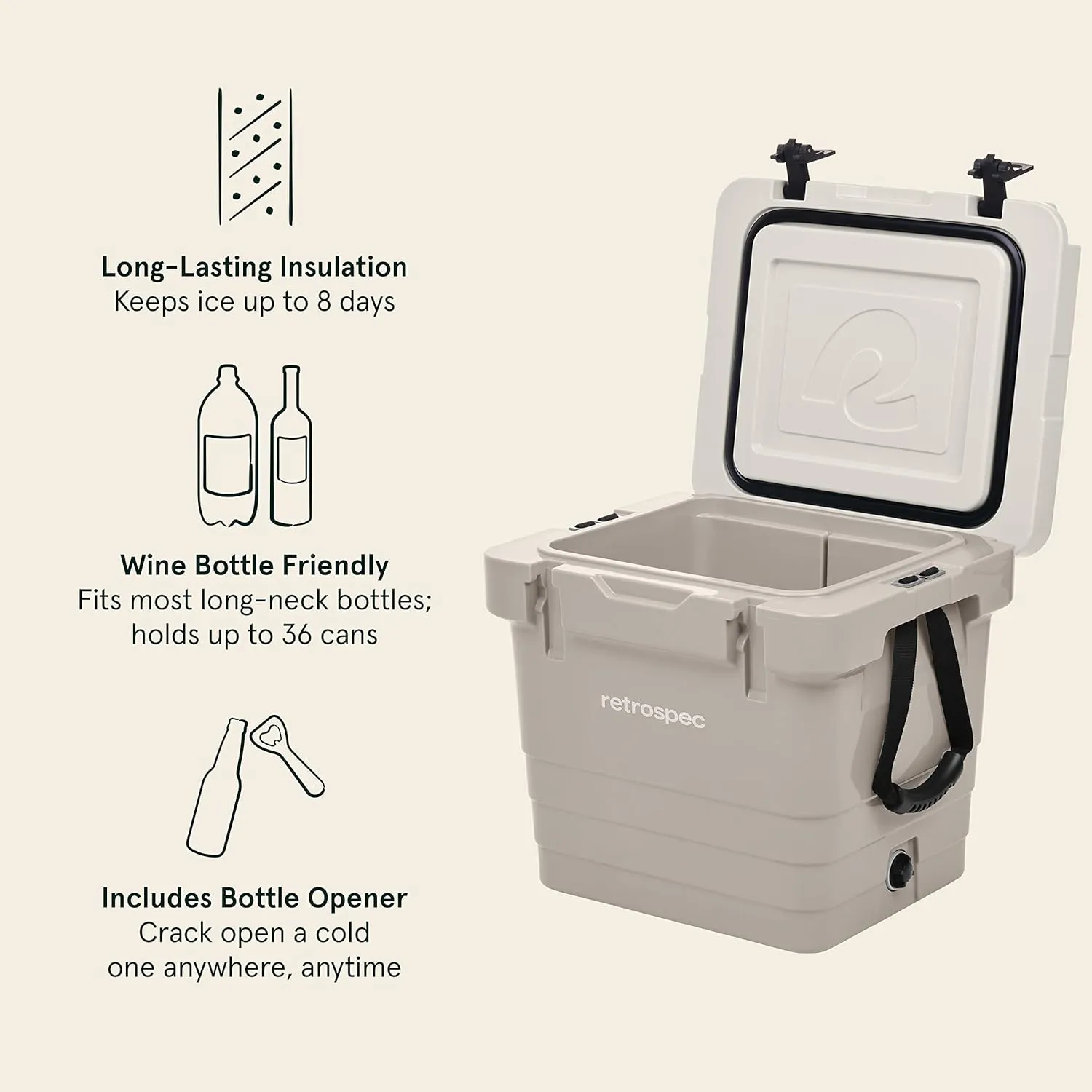 Retrospec Palisade Rotomolded Cooler - Fully Insulated Portable Ice Chest with Built in Bottle Opener, Tie-Down Slots & Dry Goods Basket - Large Beach, Camping & Travel Coolers 25, 45 & 65qt