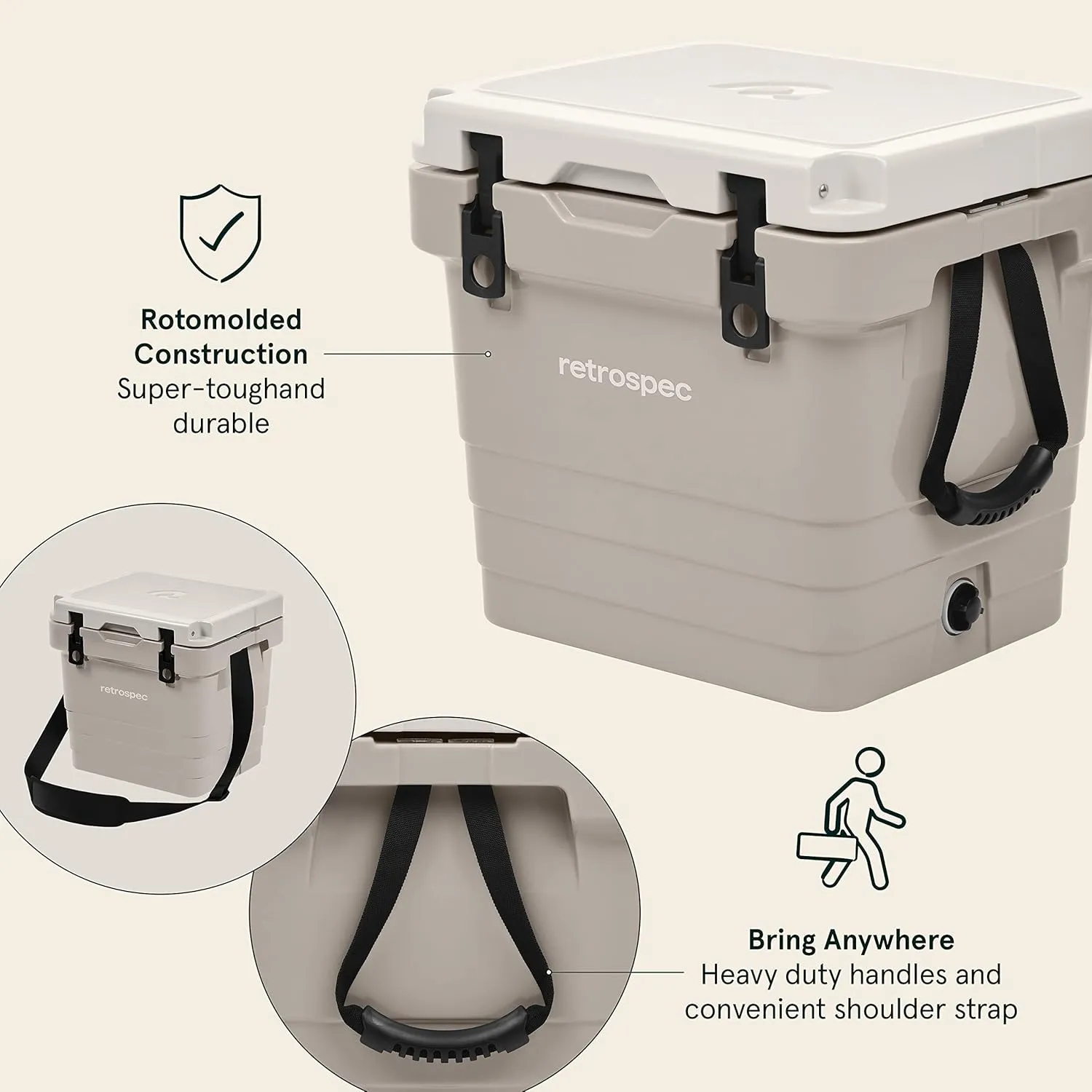 Retrospec Palisade Rotomolded Cooler - Fully Insulated Portable Ice Chest with Built in Bottle Opener, Tie-Down Slots & Dry Goods Basket - Large Beach, Camping & Travel Coolers 25, 45 & 65qt
