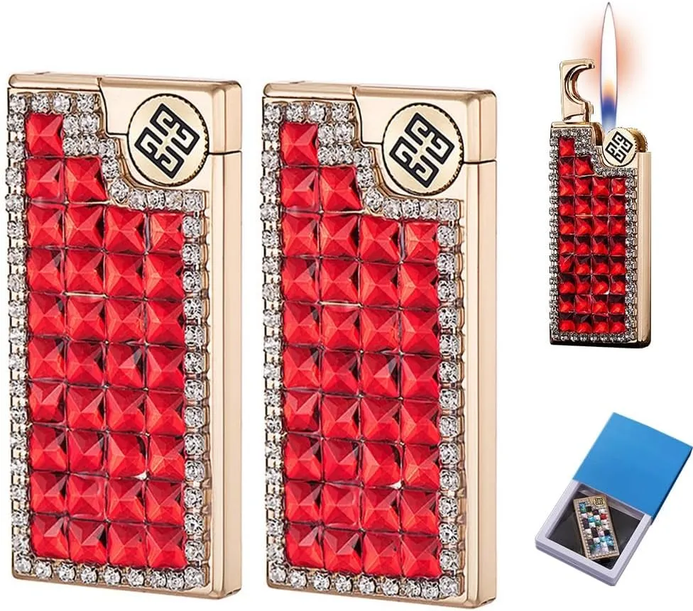 Rhinestone Shiny Women's Luxury Cute Lighter, Soft Flame Torch Lighter, Refillable Butane Gas Portable Smoking Accessories with Gift Box(2pc-d)